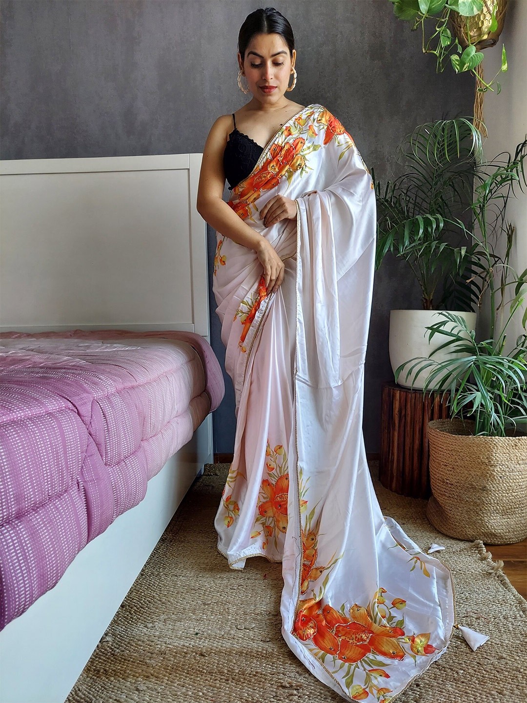 

Anouk Floral Printed Satin Saree, White