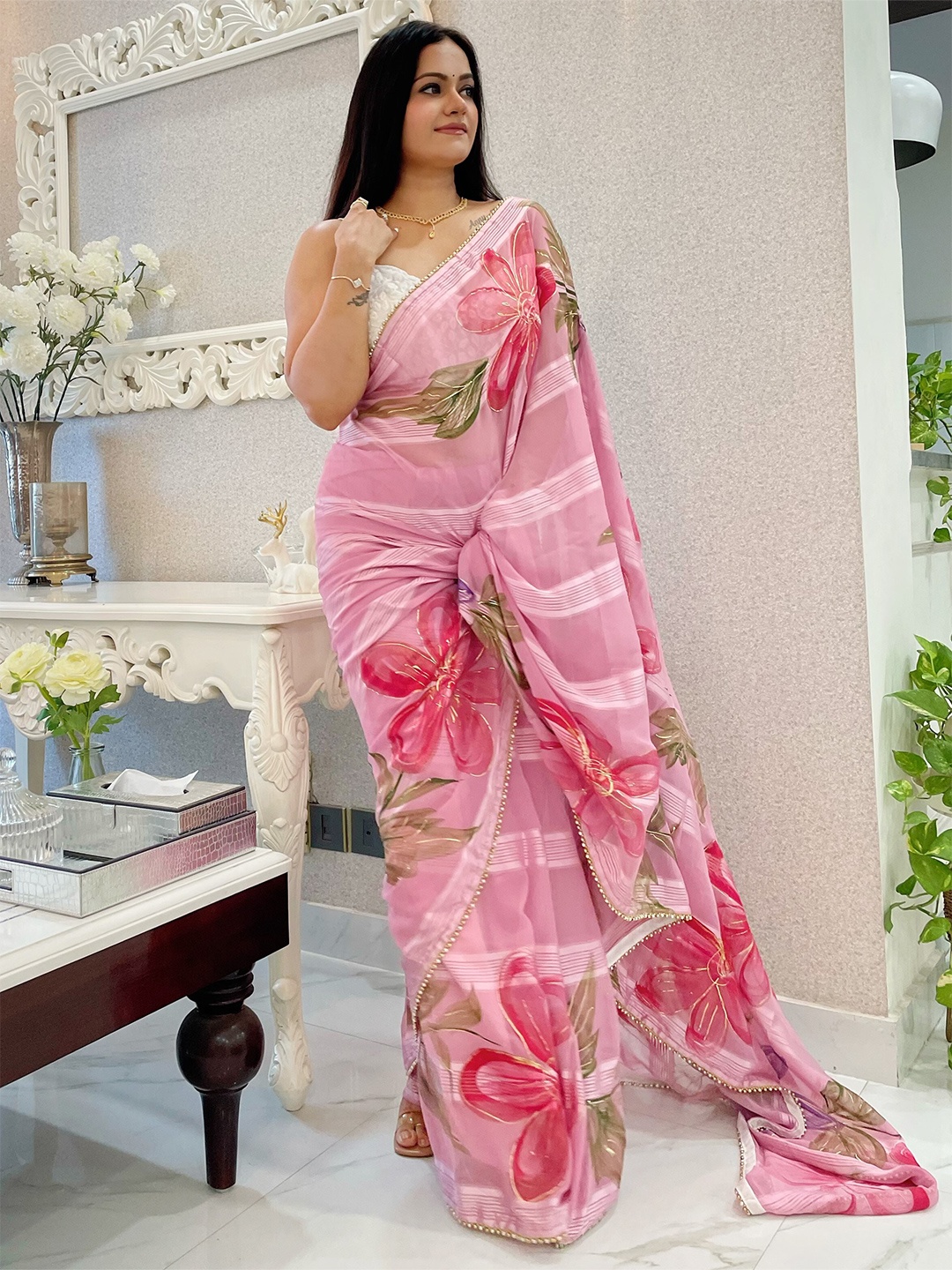 

Anouk Pink & White Floral Printed Beads & Stones Saree