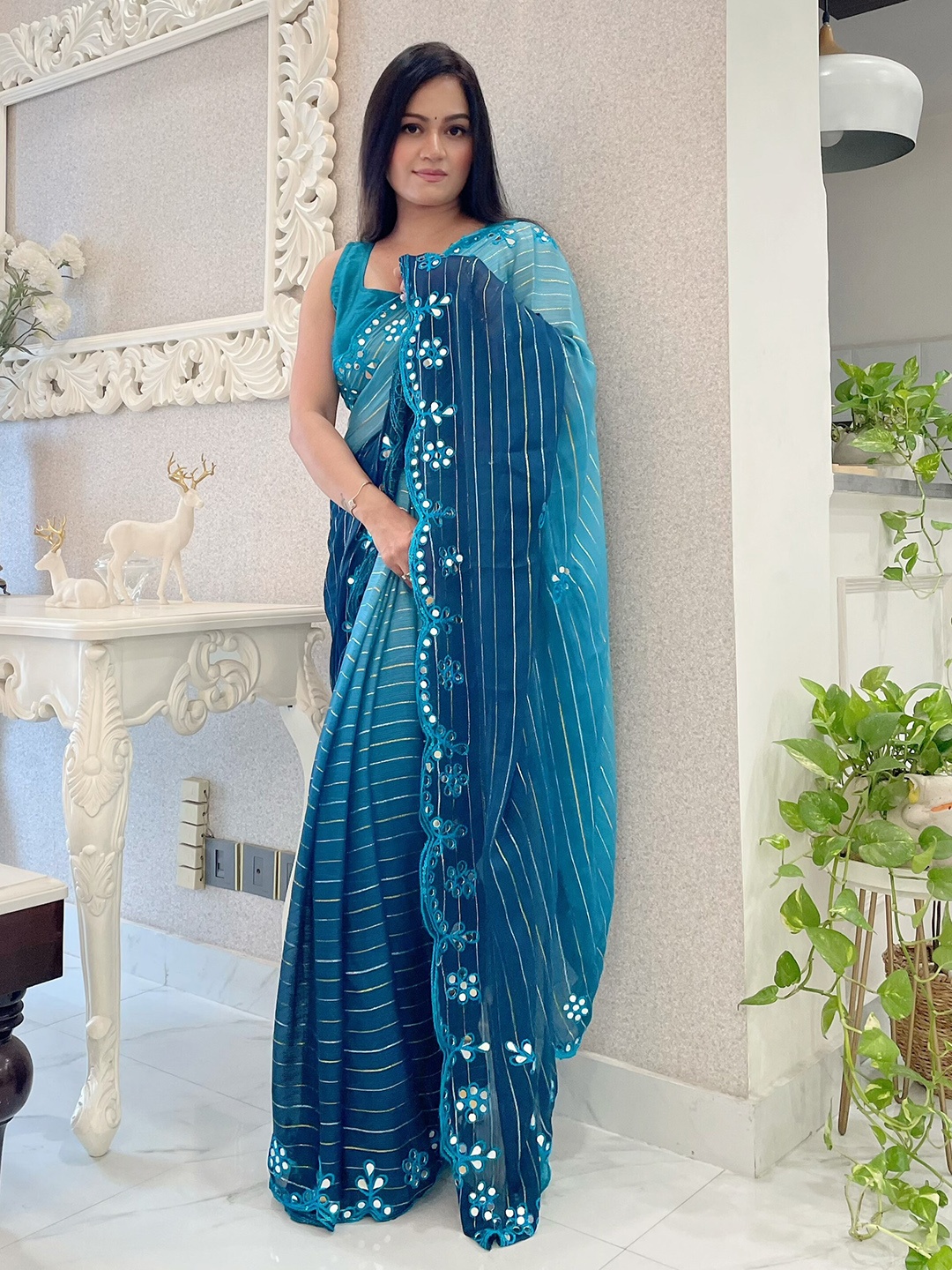 

Anouk Striped Mirror Work Detail Saree, Blue