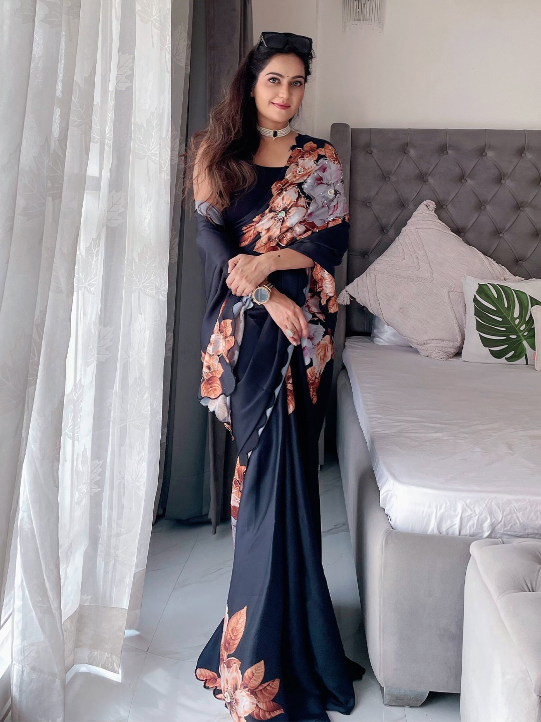 

Anouk Black & Orange Floral Printed Beads & Stones Satin Saree
