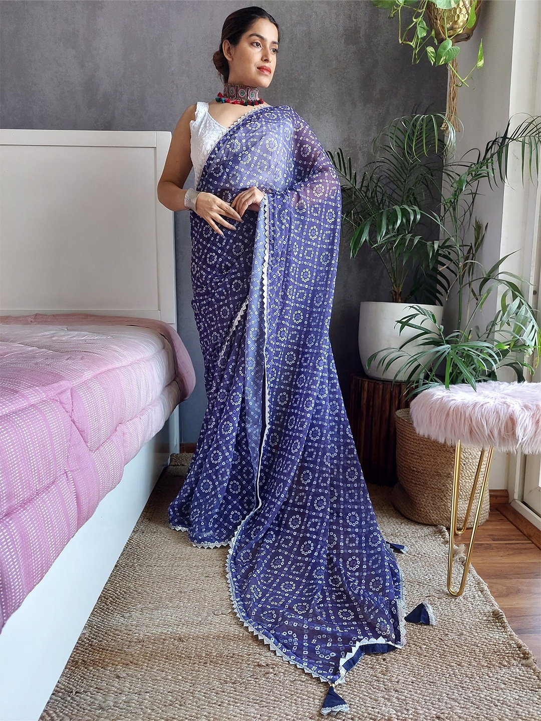 

Anouk Purple & White Printed Gotta Patti Bandhani Saree