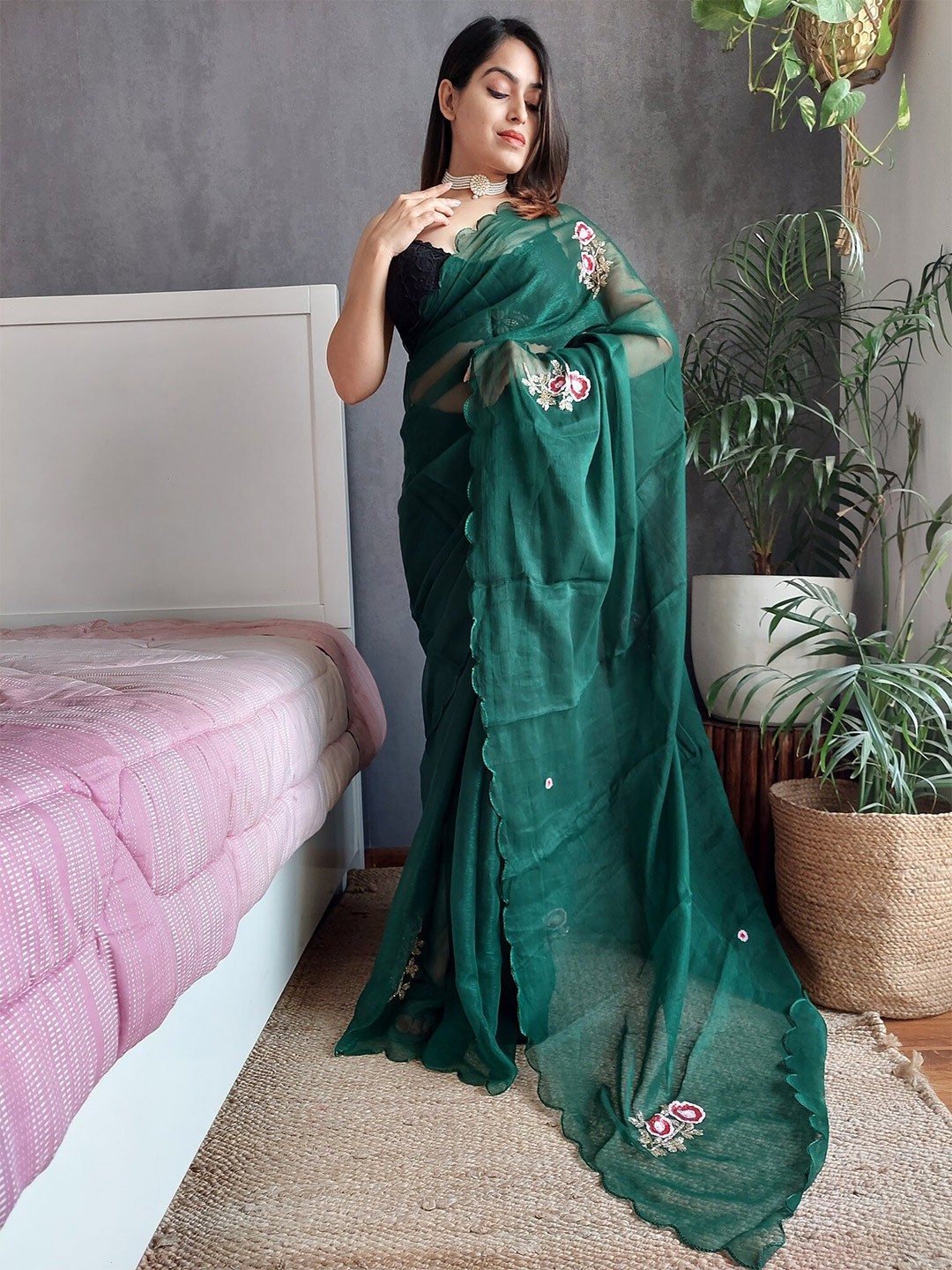 

Anouk Green & Black Floral Embroidered Organza Saree