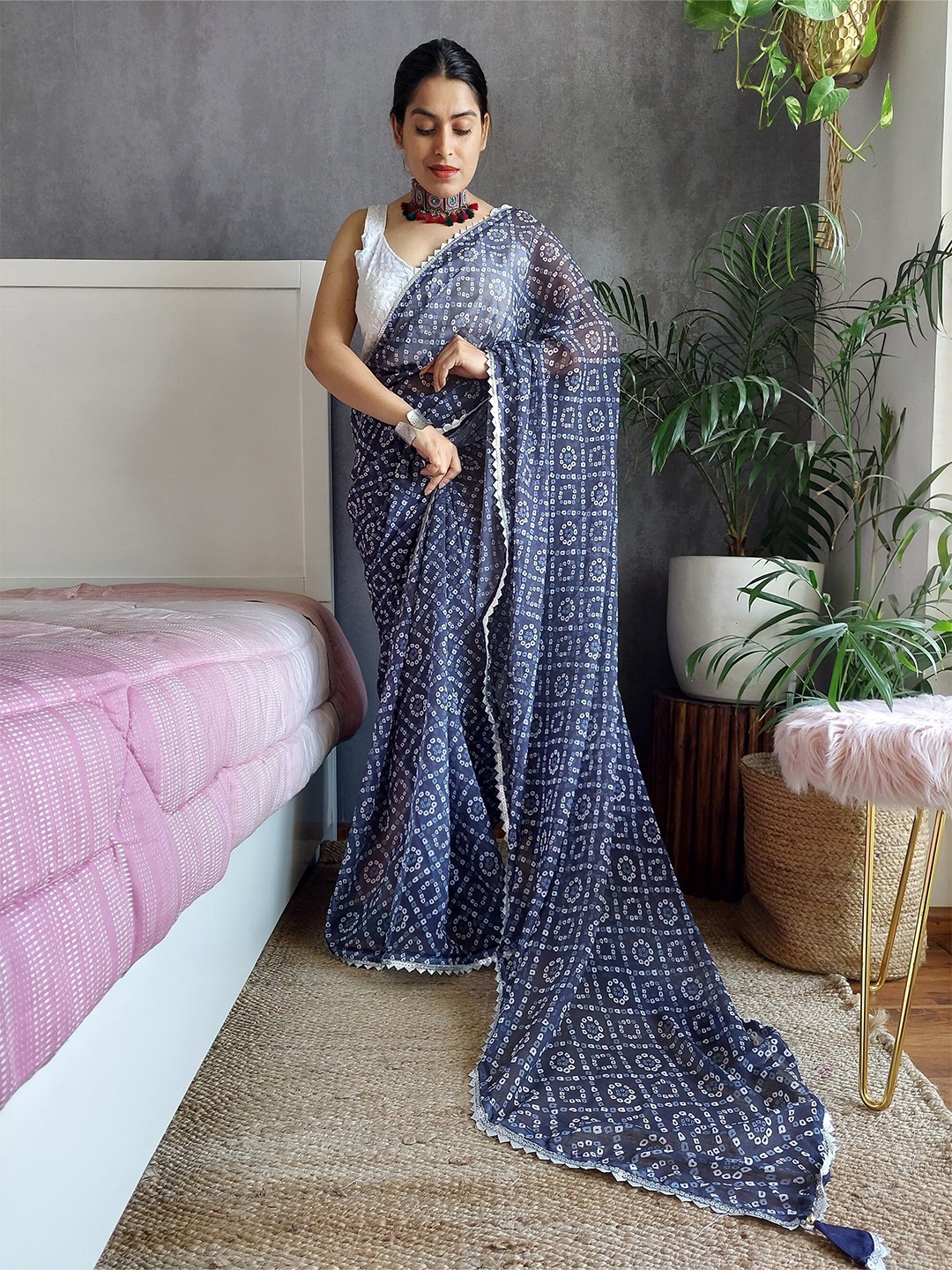 

Anouk Bandhani Printed Zari Bandhani Saree, Navy blue
