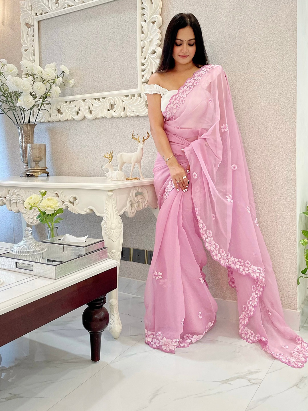 

Anouk Floral Embroidered Saree, Pink