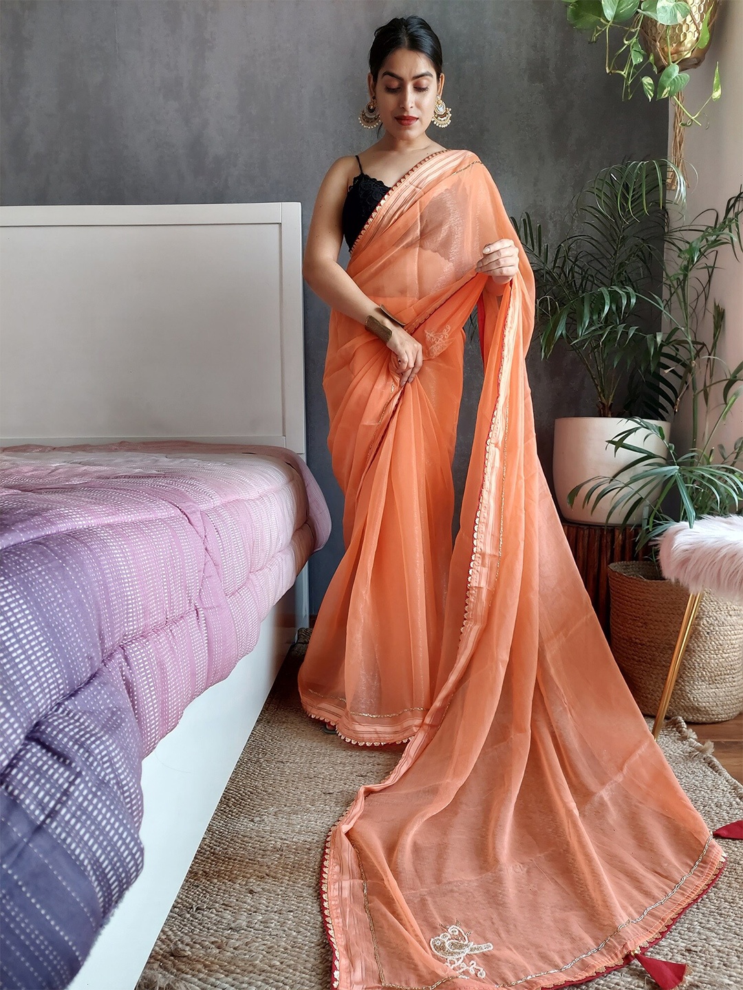 

Anouk Orange & Black Beads & Stones Organza Saree