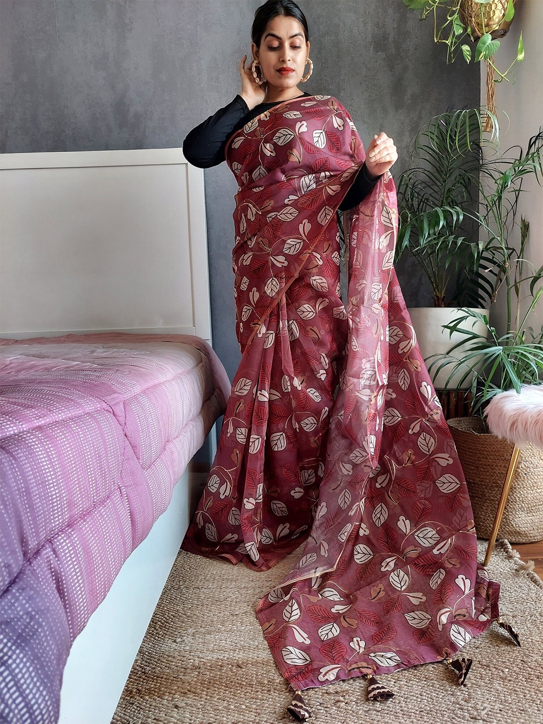 

Anouk Maroon & Beige Floral Printed Organza Saree
