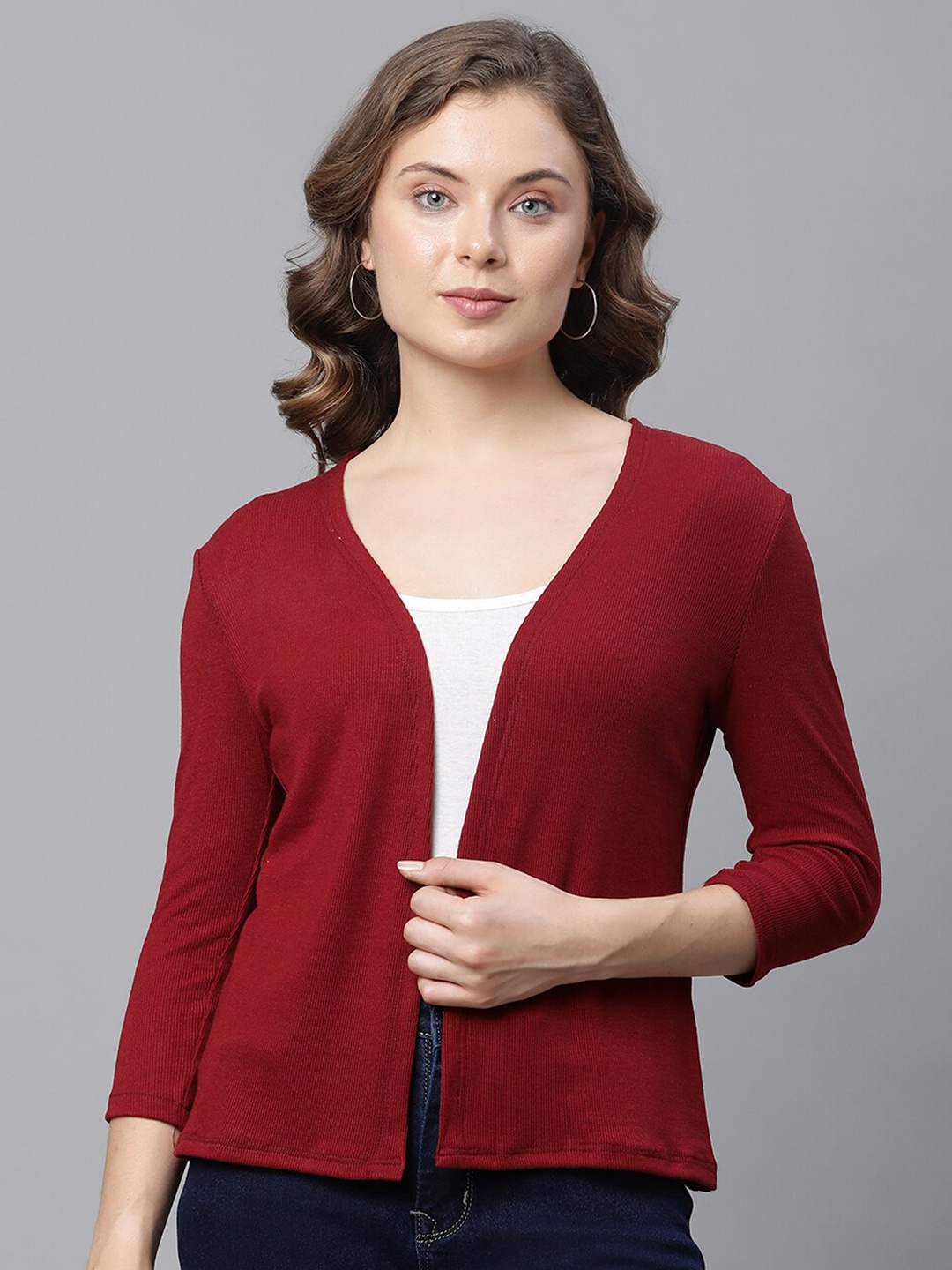 

UnaOne Three-Quarter Sleeves Cotton Open Front Shrug, Maroon
