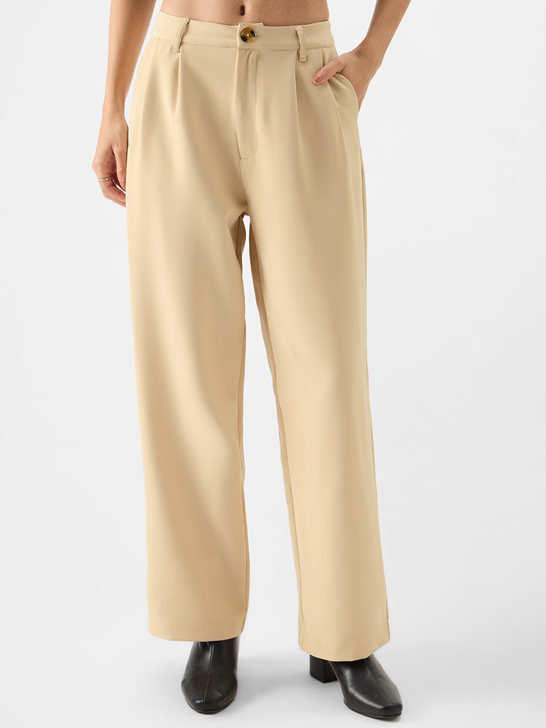 

The Souled Store Women Flared Mid-Rise Easy Wash Pleated Regular Trousers, Beige