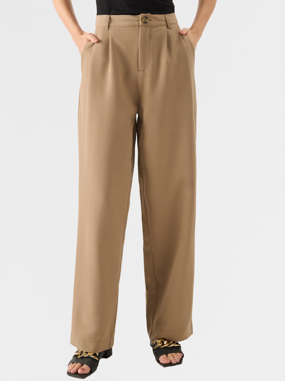 

The Souled Store Women Flared Mid-Rise Easy Wash Pleated Regular Trousers, Camel brown