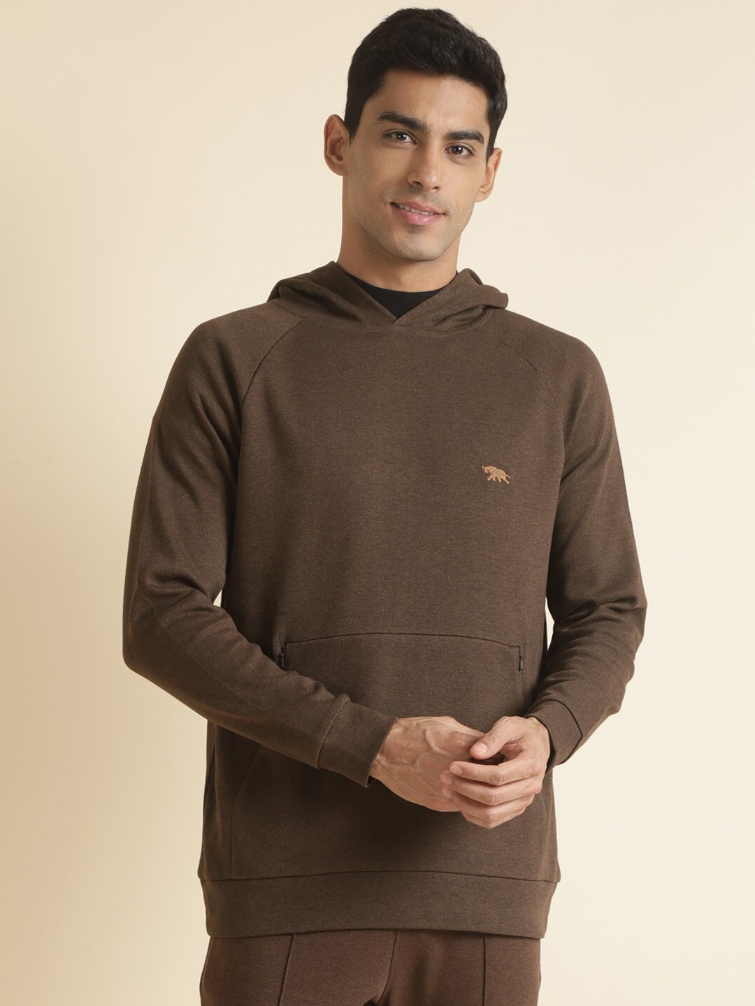 

Andamen Hooded Raglan Sleeves Cotton Pullover, Brown