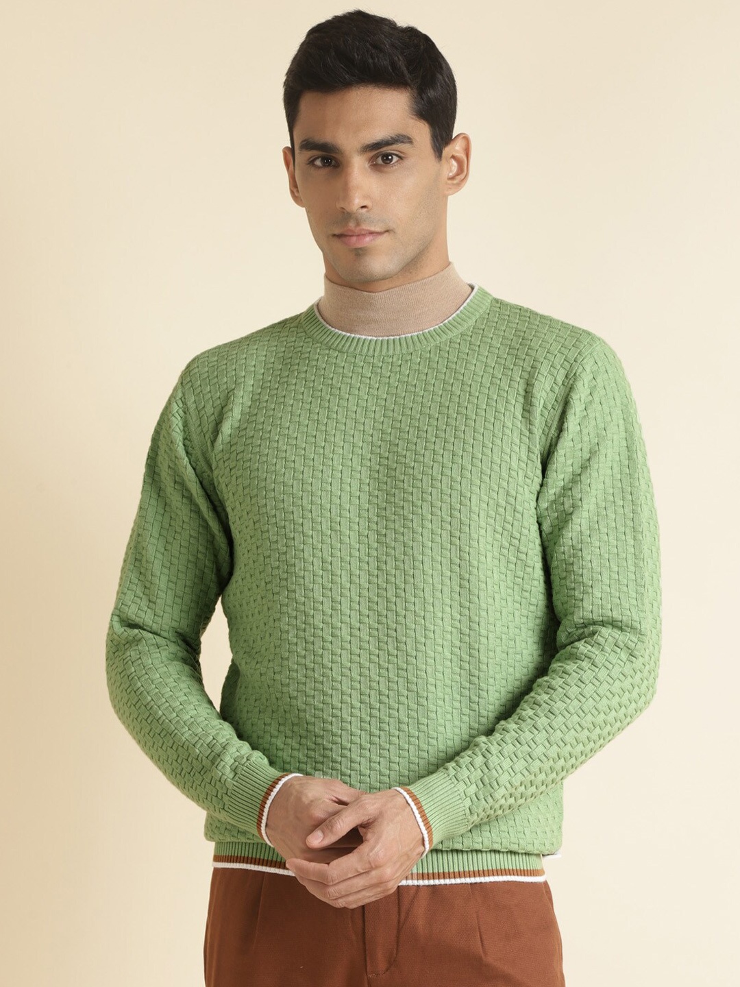 

Andamen Geometric Self Design Cotton Pullover, Green