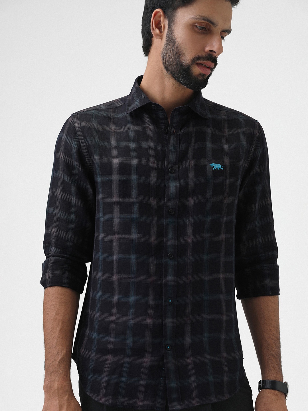 

Andamen Tartan Checks Premium Slim Fit Linen Formal Shirt, Black