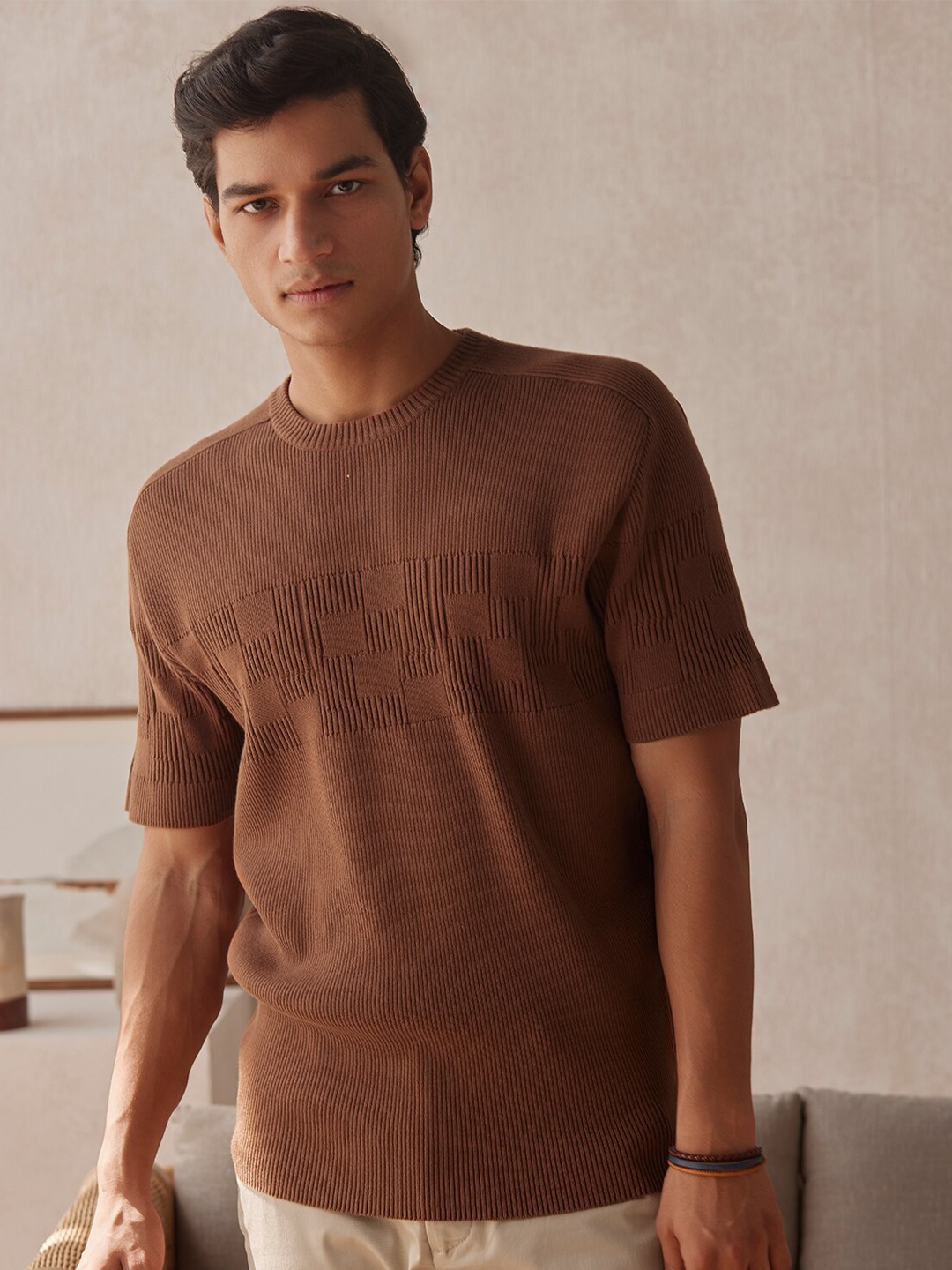 

Andamen Ribbed Round Neck Short Sleeves Cotton Pullover Sweater, Brown