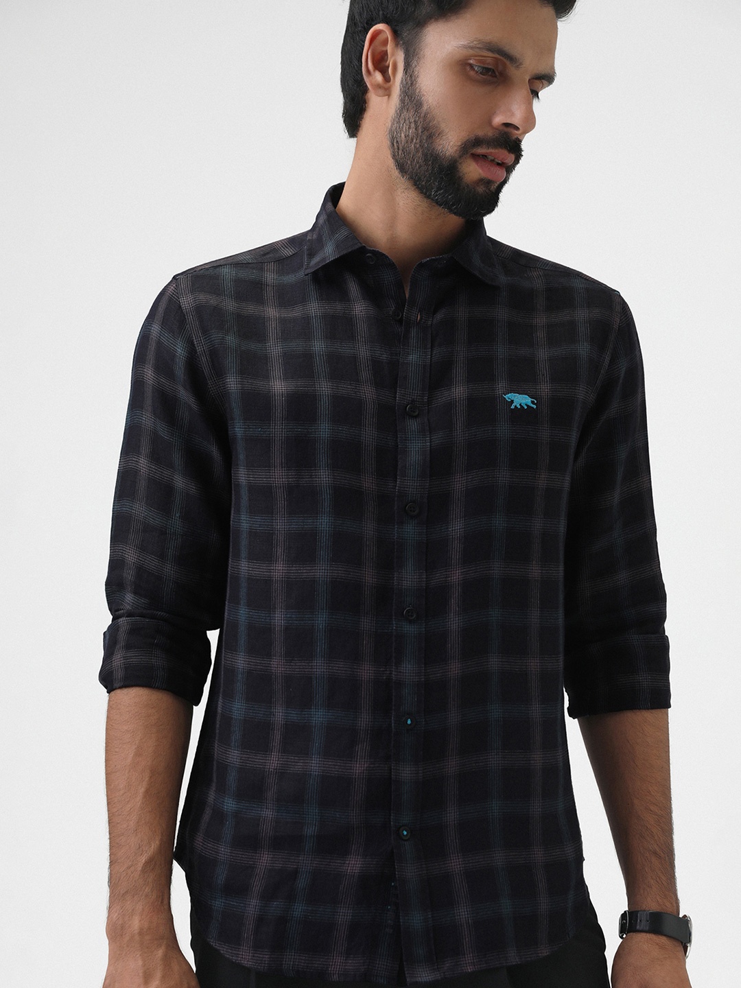 

Andamen Tartan Checks Premium Linen Formal Shirt, Black