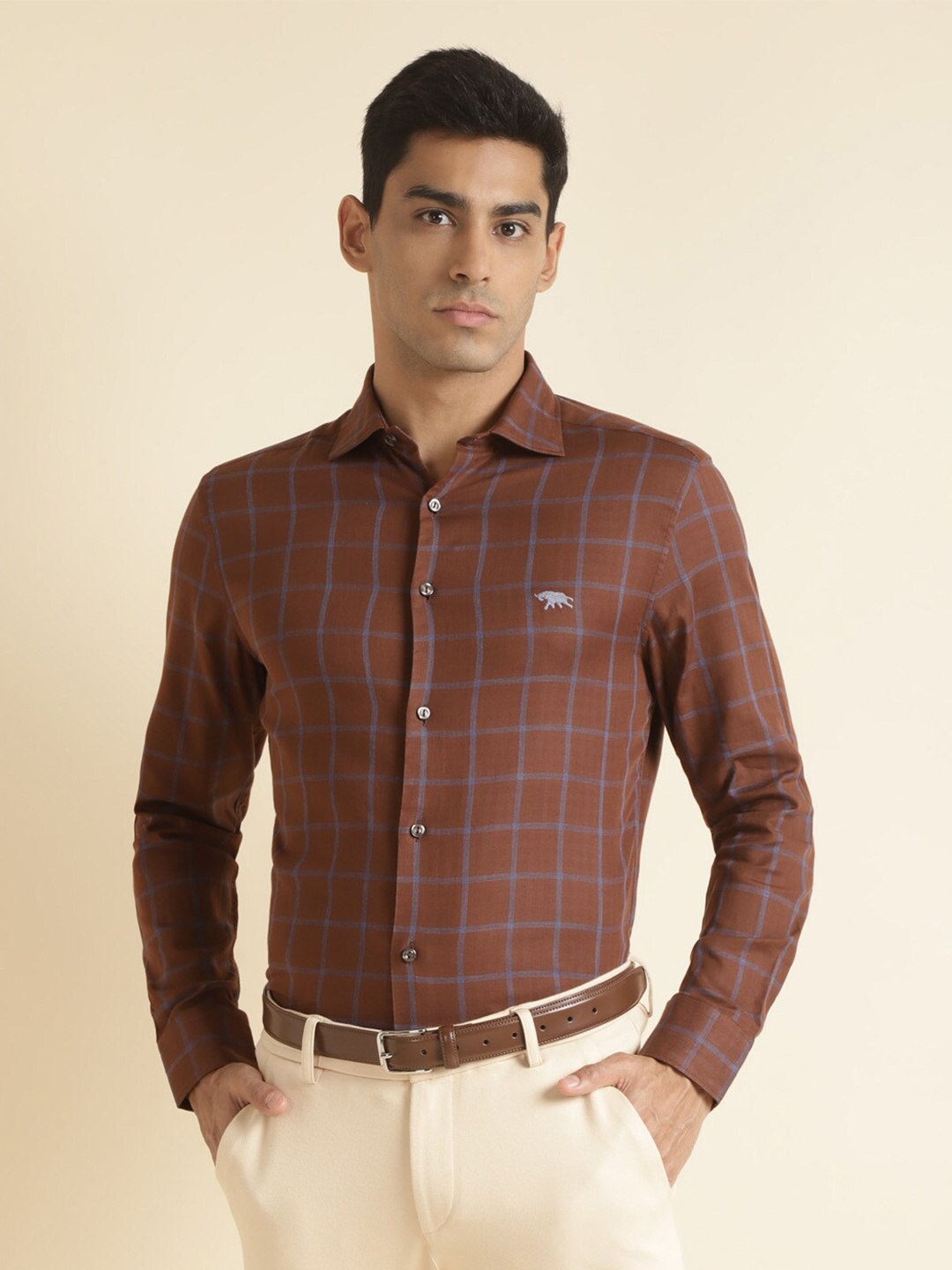 

Andamen Windowpane Checks Premium Cotton Formal Shirt, Brown