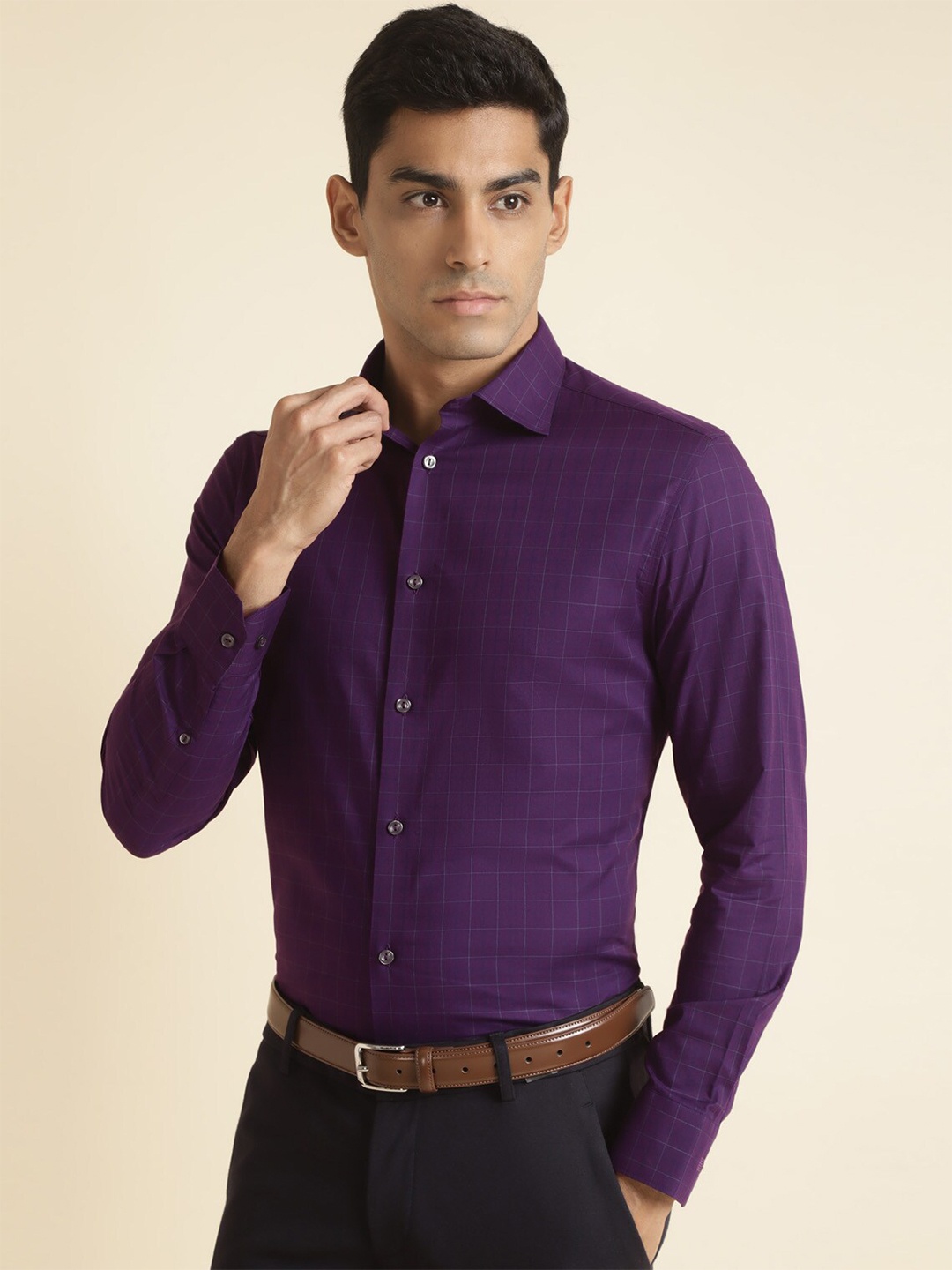 

Andamen Premium Slim Fit Grid Tattersall Checked Cutaway Collar Cotton Formal Shirt, Violet