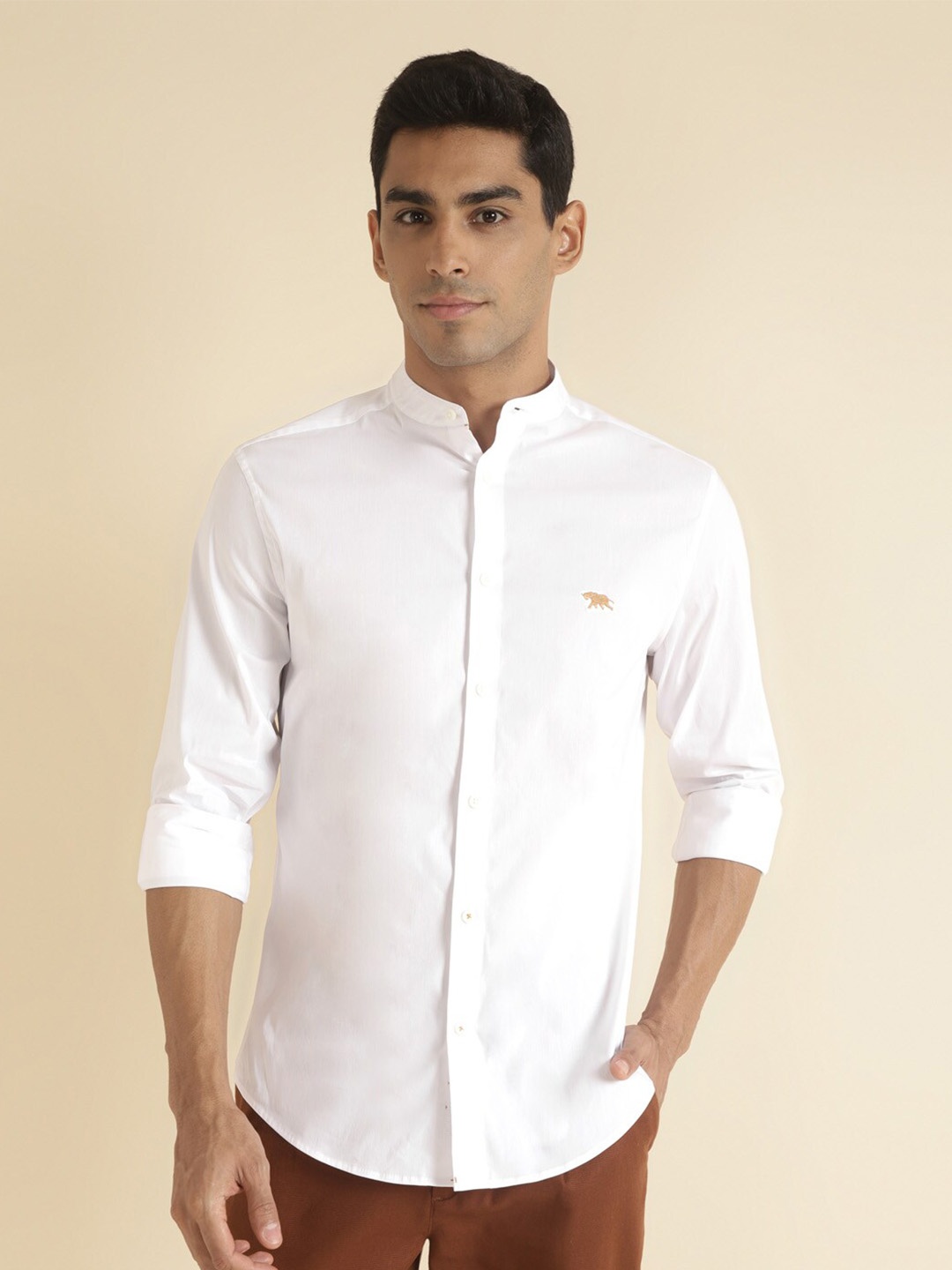 

Andamen Premium Slim Fit Mandarin Collar Cotton Casual Shirt, White