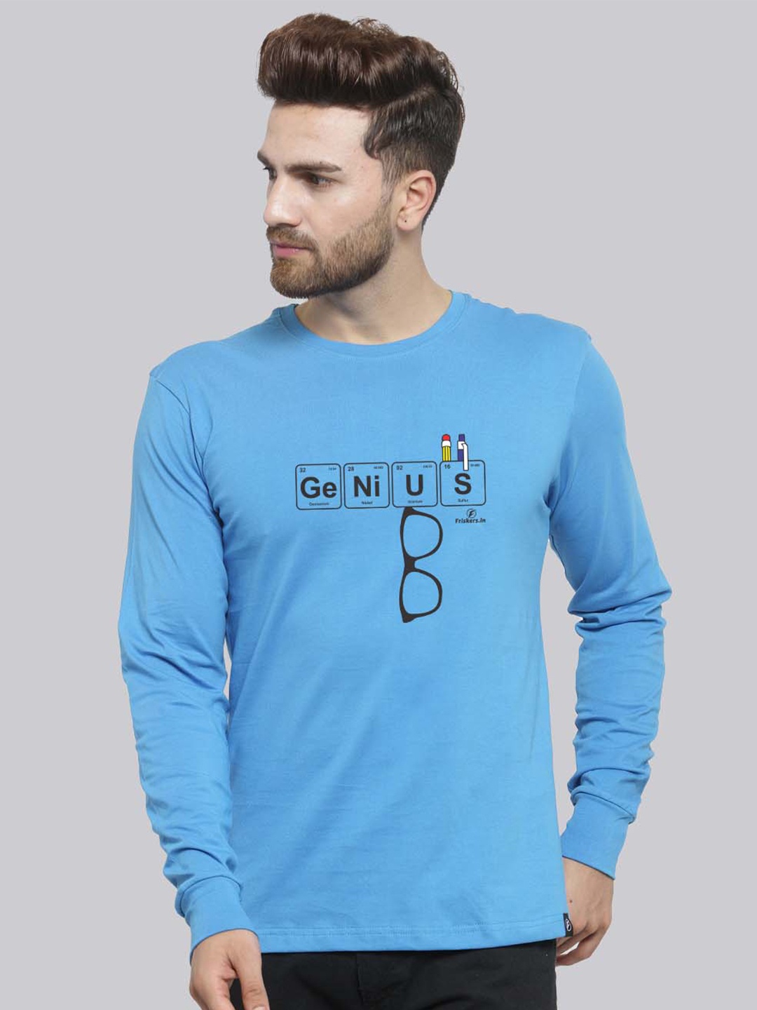 Friskers Printed Slim Fit Pure Cotton T-shirt, Turquoise blue