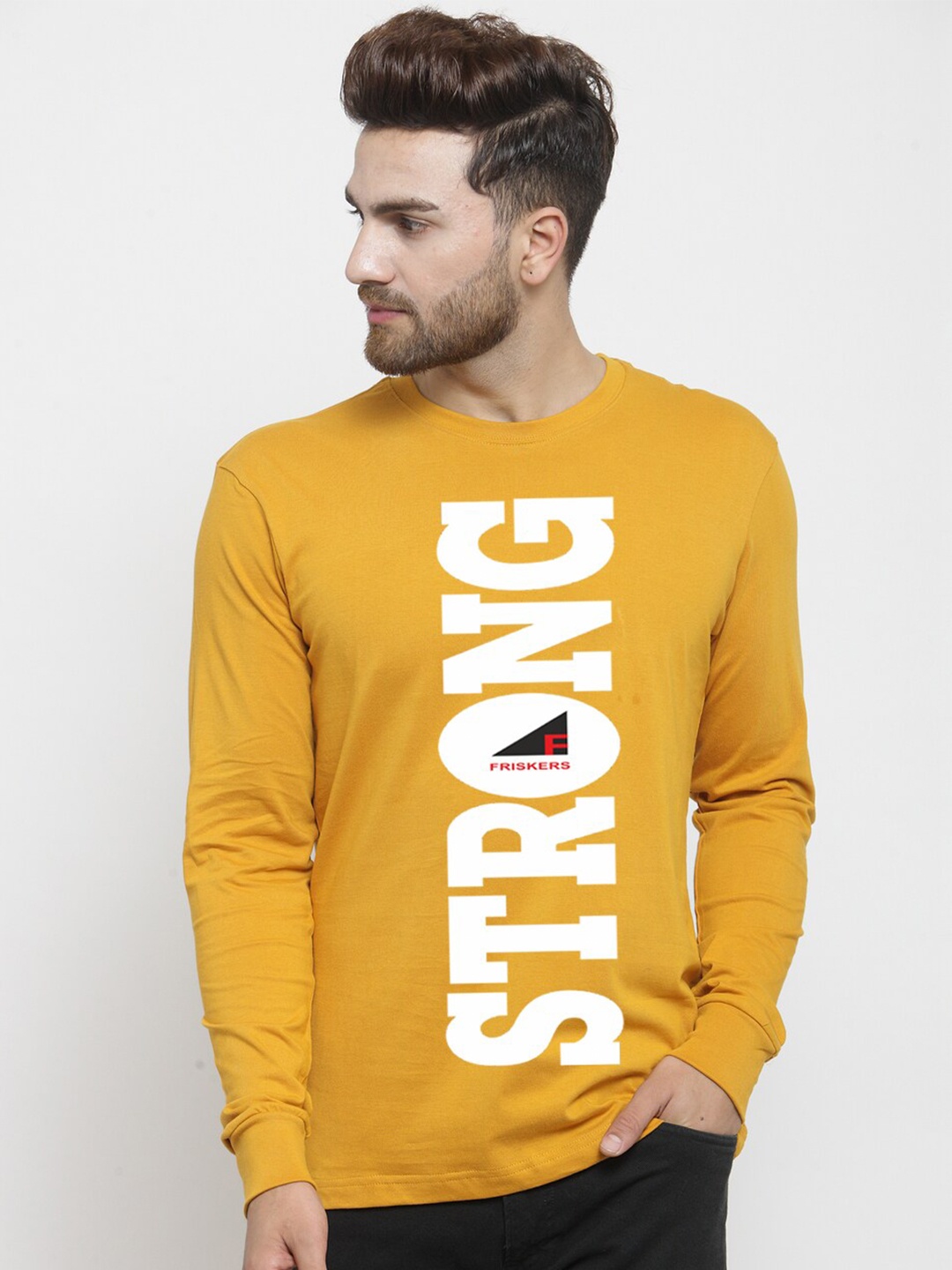 

Friskers Printed Slim Fit Pure Cotton T-shirt, Mustard