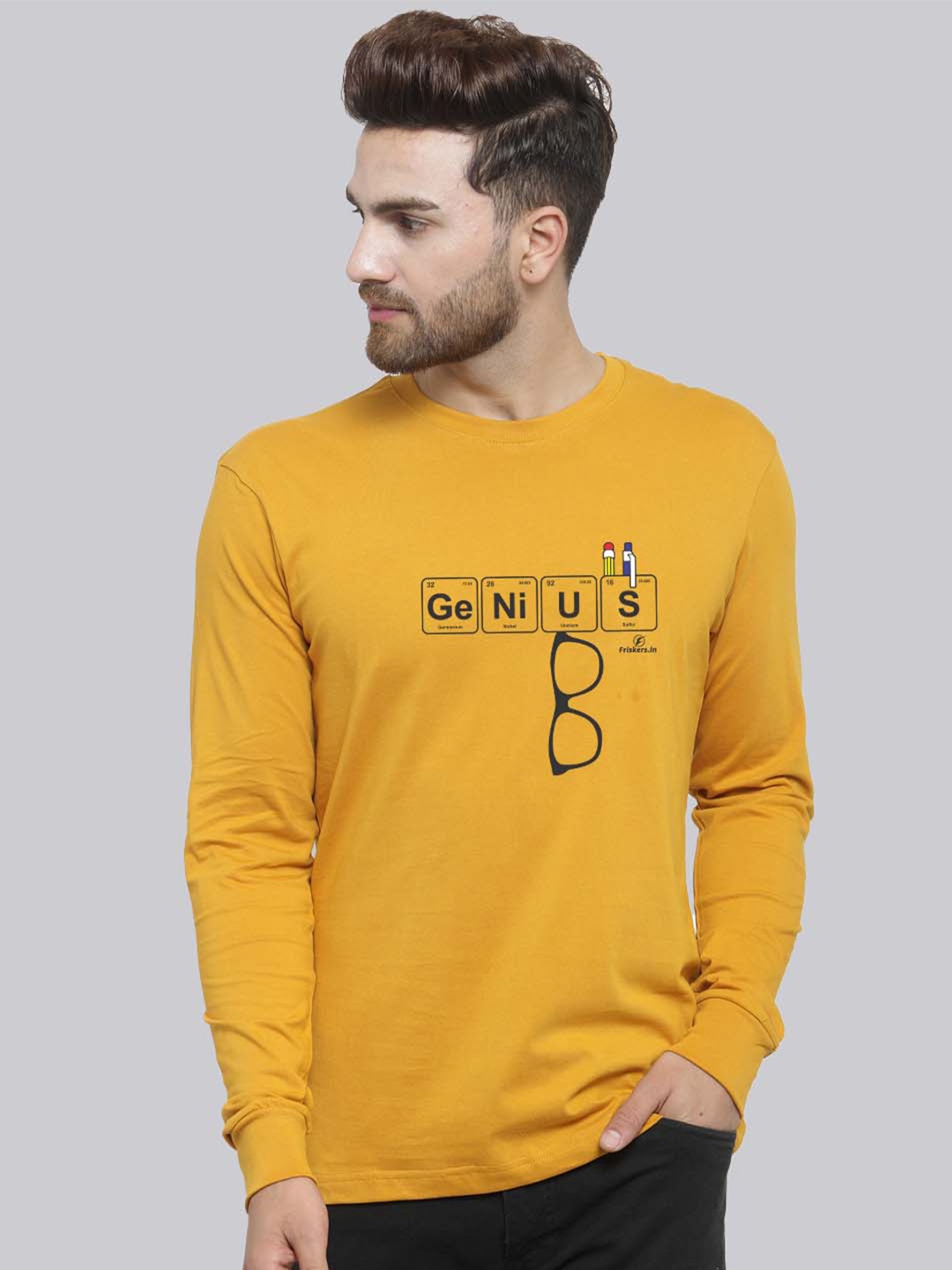 

Friskers Printed Slim Fit Pure Cotton T-shirt, Mustard