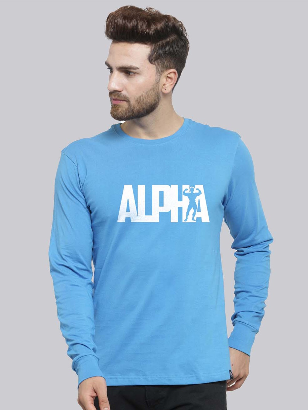 

Friskers Typography Printed Round Neck Long Sleeves Pure Cotton Slim Fit T-shirt, Turquoise blue