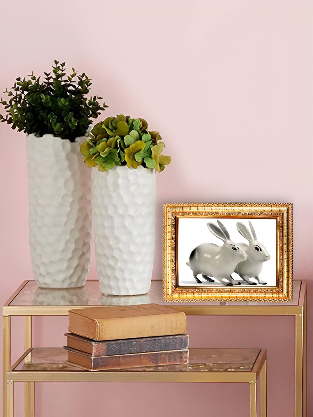 

Hawai Gold Toned & White Rabbits Wooden Rectangular Photo With Frame