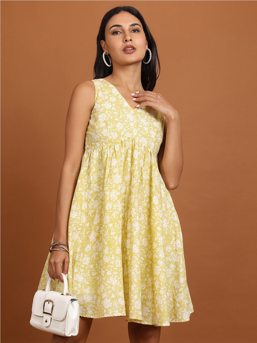 

Vishudh Yellow Floral Printed A-Line Dress