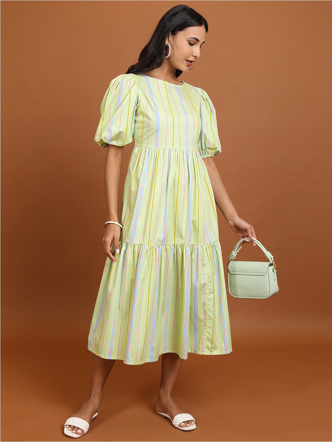 

Vishudh Lime Green Striped Puff Sleeves Cotton Fit and Flare Midi Dress