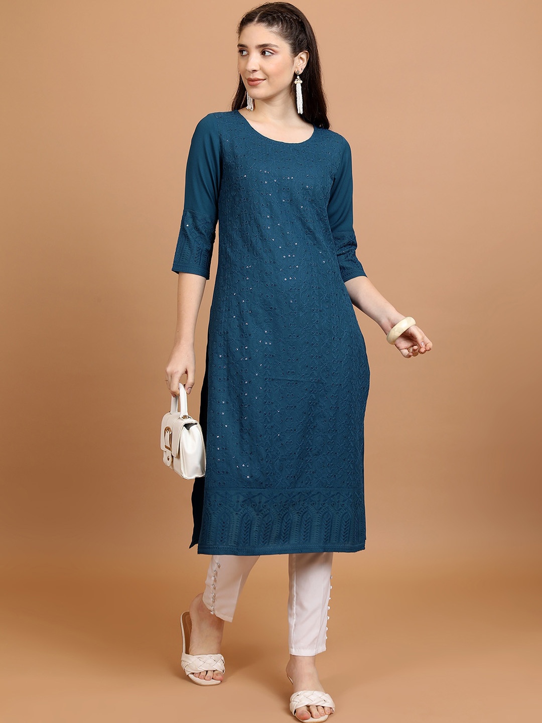 

Vishudh Navy Blue Sequinned Embellished Straight Kurta