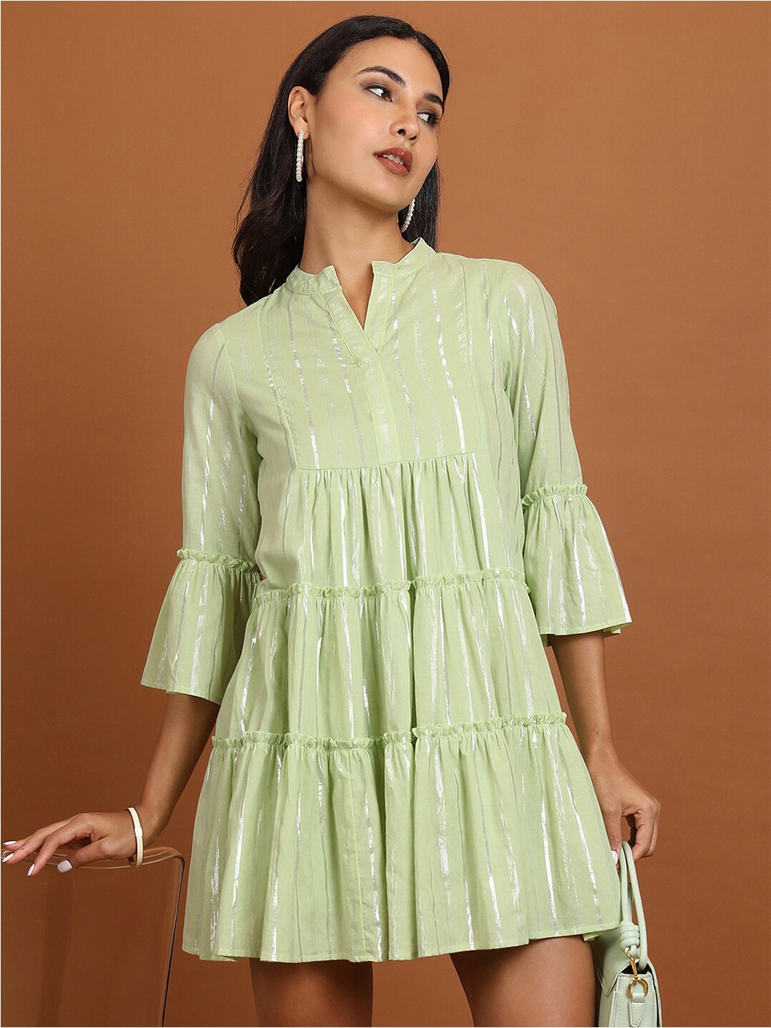 

Vishudh Striped Mandarin Collar Bell Sleeves Gathered Detail A-Line Mini Dress, Green