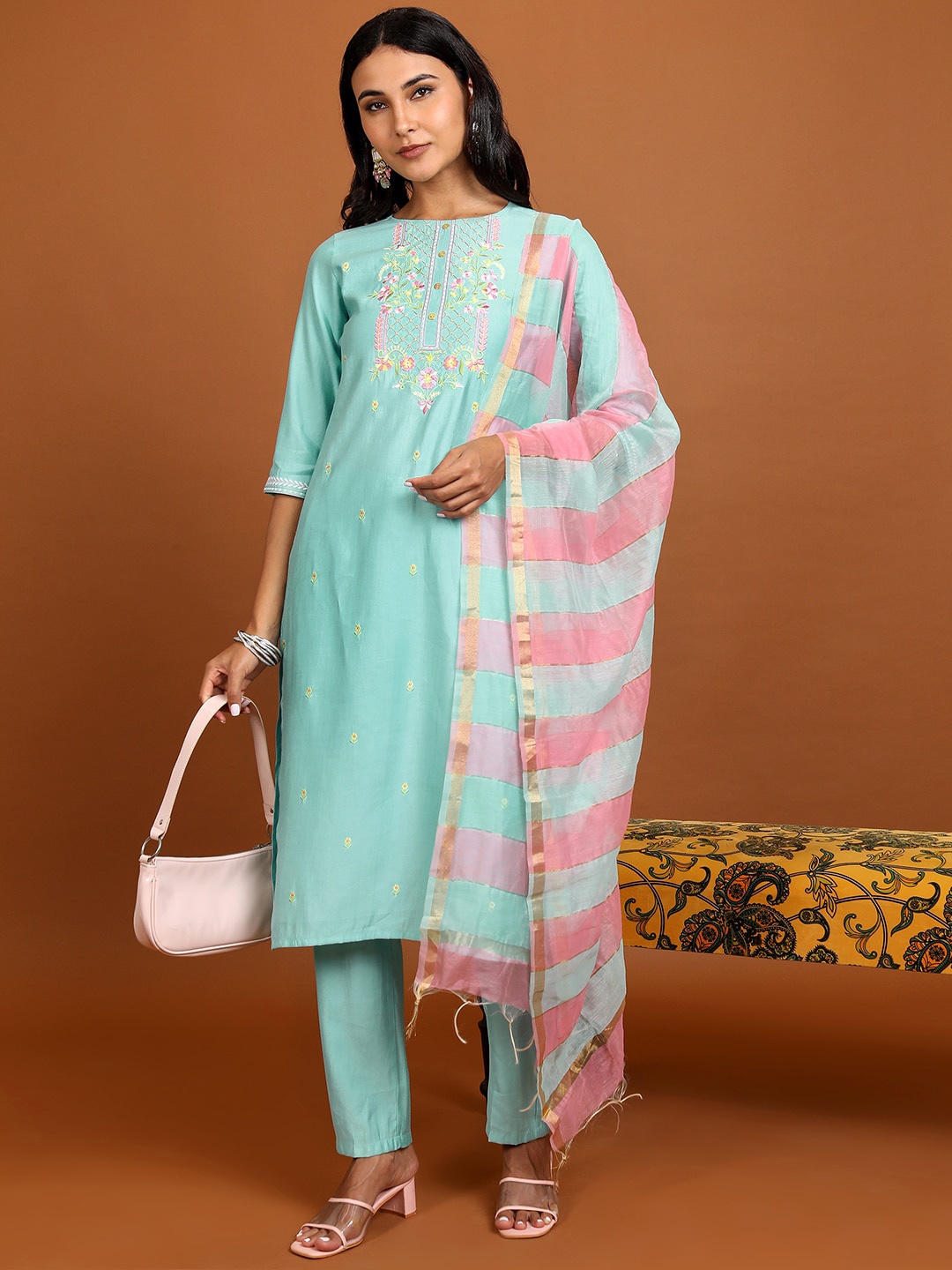 

Vishudh Floral Embroidered Thread Work Kurta With Trousers & Dupatta, Turquoise blue
