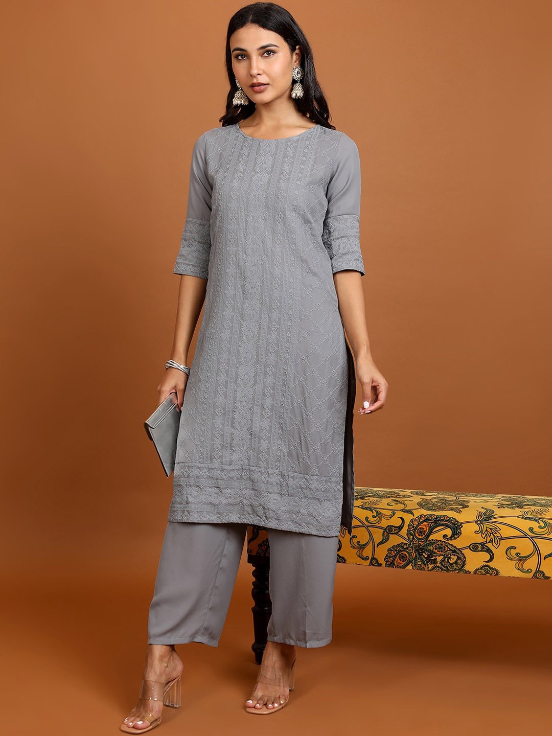 

Vishudh Floral Embroidered Thread Work Straight Kurta With Palazzos, Grey