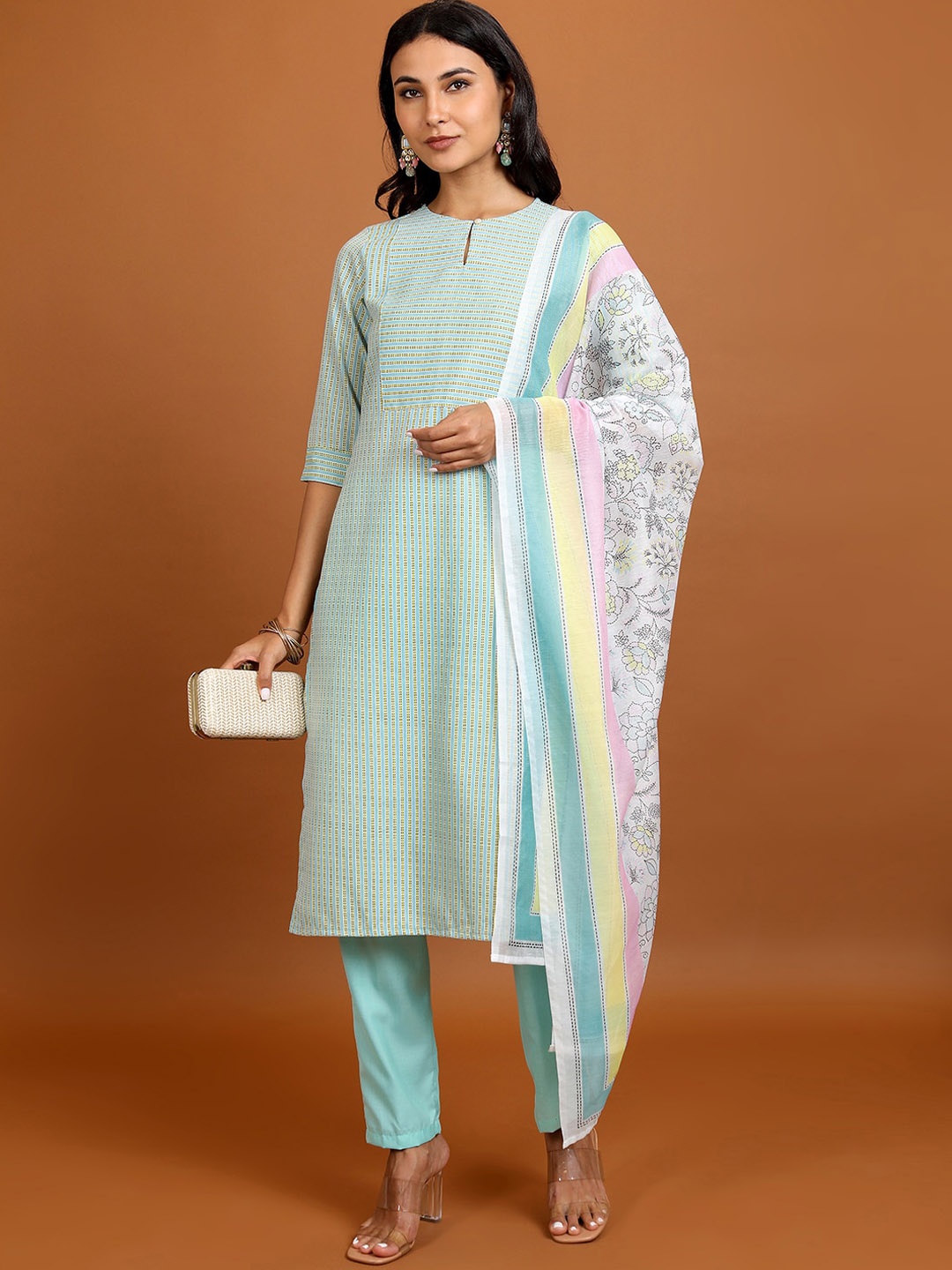 

Vishudh Striped Keyhole Neck Straight Kurta With Trousers & Dupatta, Blue