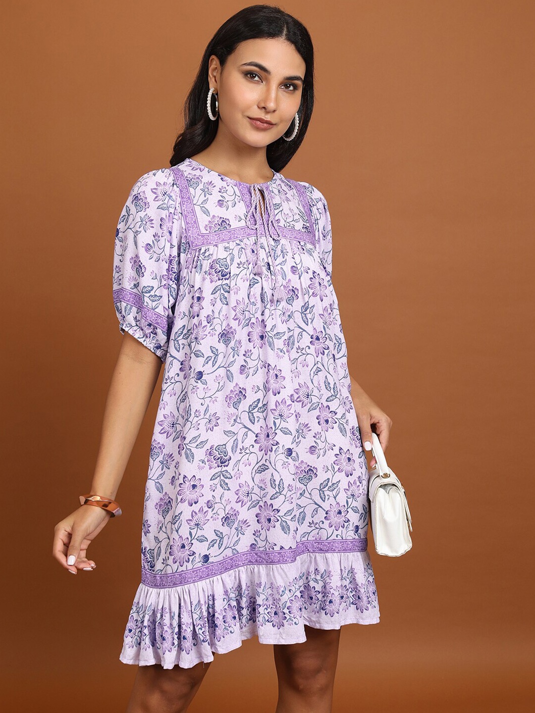 

Vishudh Floral Printed Tie-Up Neck Puff Sleeves Tiered A-Line Dress, White