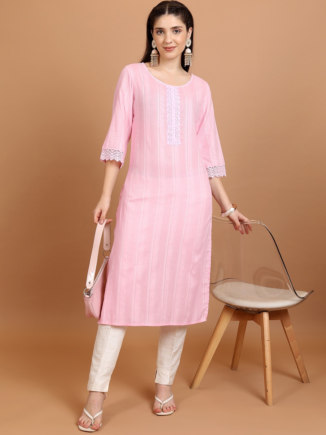 

Vishudh Striped Cotton Straight Kurta, Pink