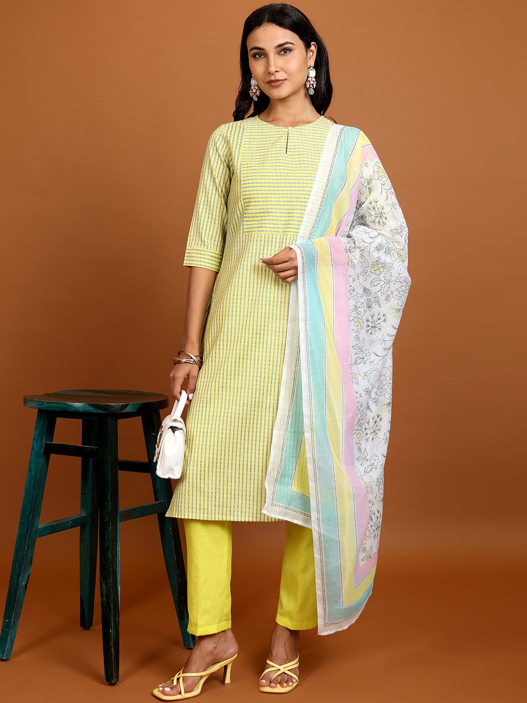 

Vishudh Yellow Striped Keyhole Neck Straight Kurta with Trousers & With Dupatta