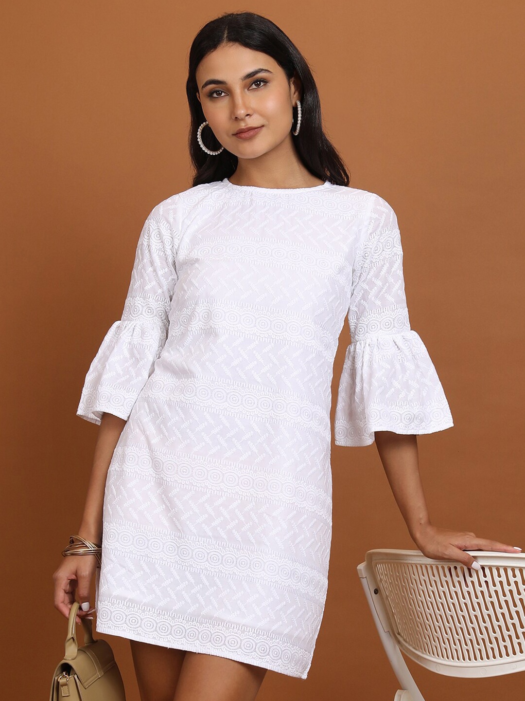 

Vishudh White Self Design Bell Sleeves A-Line Mini Dress