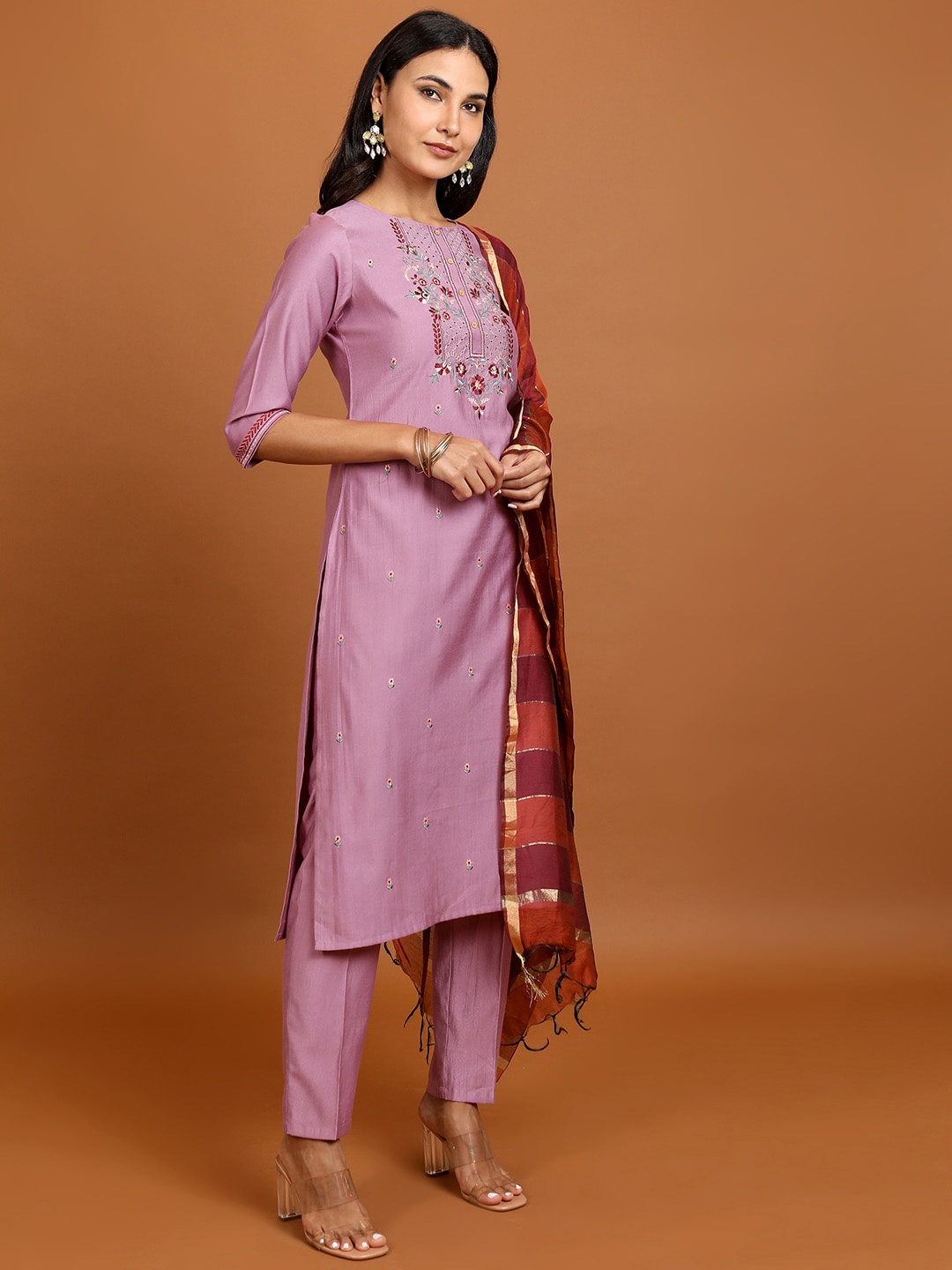 

Vishudh Mauve Floral Embroidered Kurta with Trousers & With Dupatta