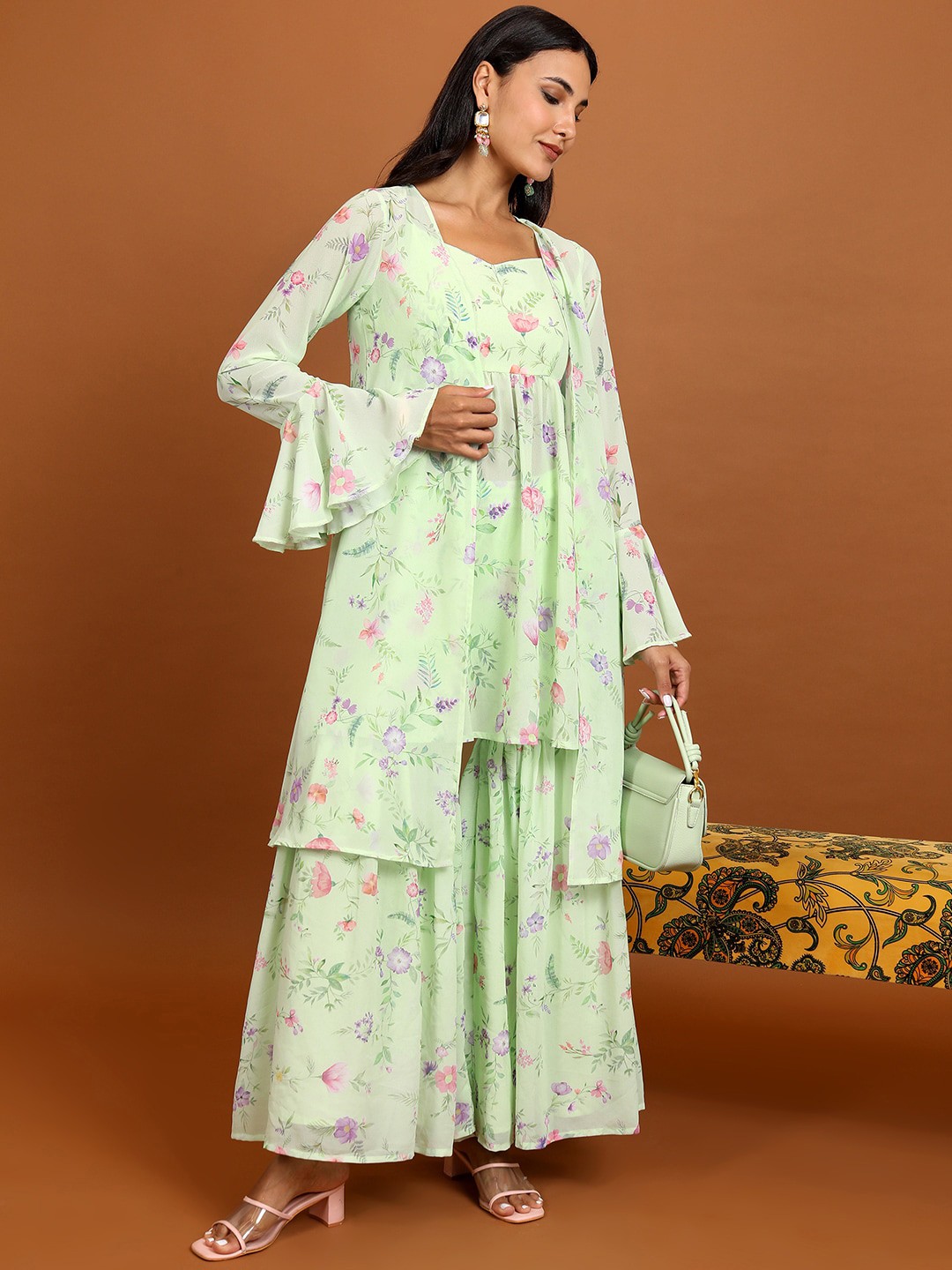 

Vishudh Floral Printed Shoulder Straps A-Line Kurta With Sharara And Jacket, Green