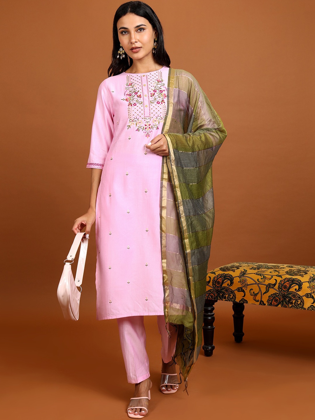 

Vishudh Pink Floral Embroidered Straight Kurta with Trousers & With Dupatta