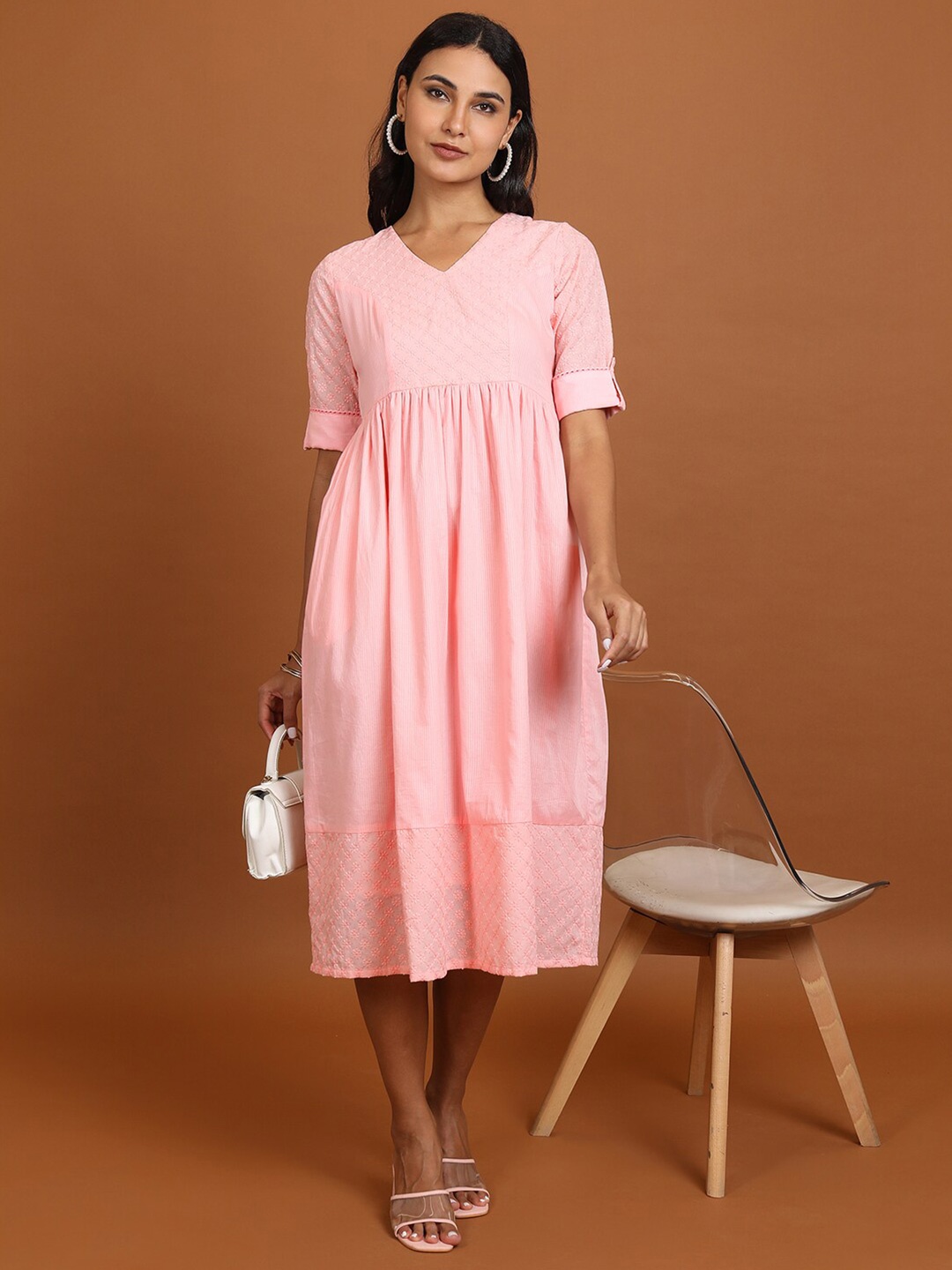 

Vishudh Pink Floral Embroidered Puff Sleeves Schiffli Fit and Flare Midi Dress