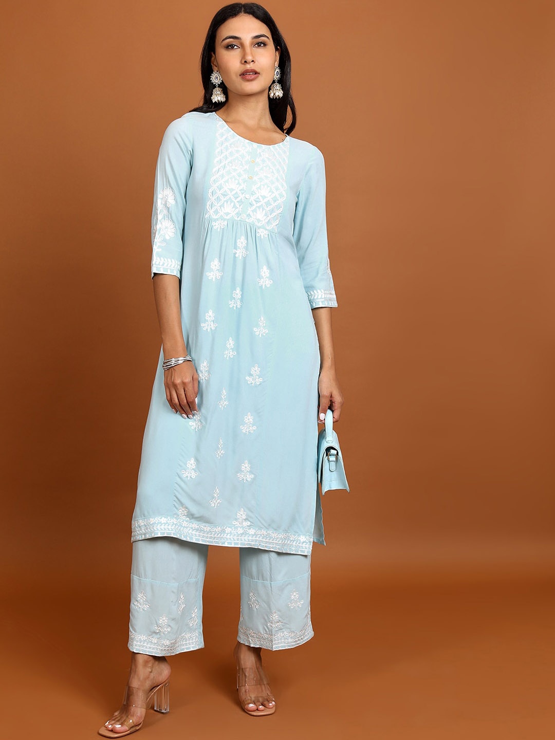 

Vishudh Floral Embroidered Thread Work Straight Kurta With Palazzos, Blue
