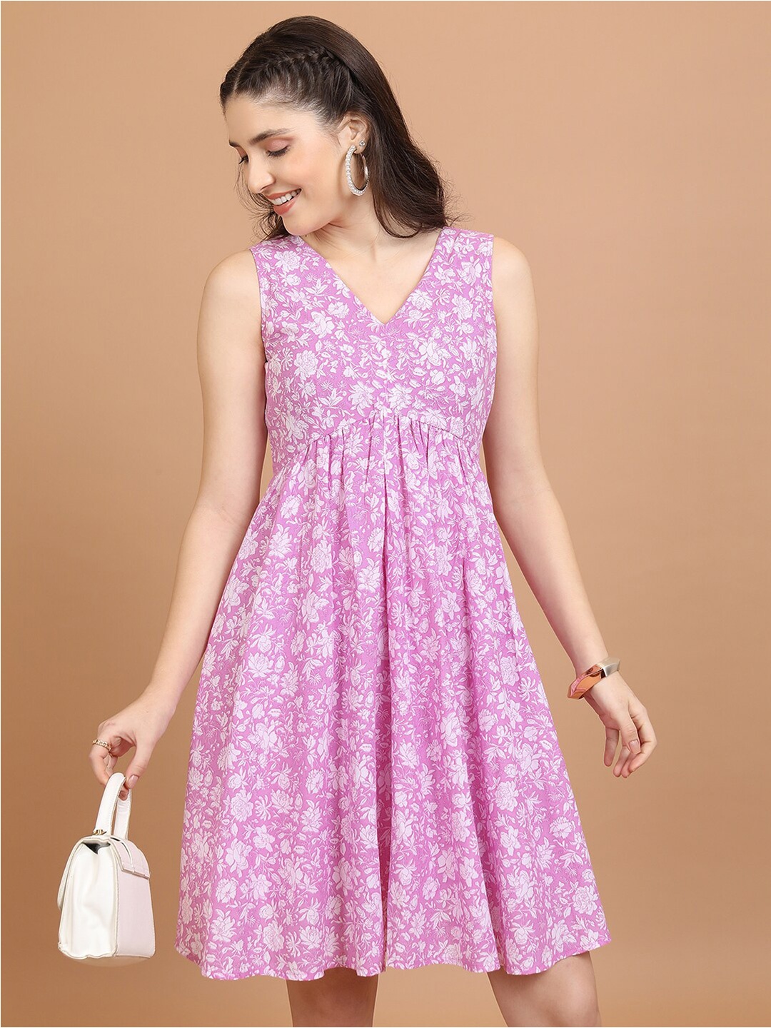 

Vishudh Purple & White Floral Printed A-Line Dress, Pink