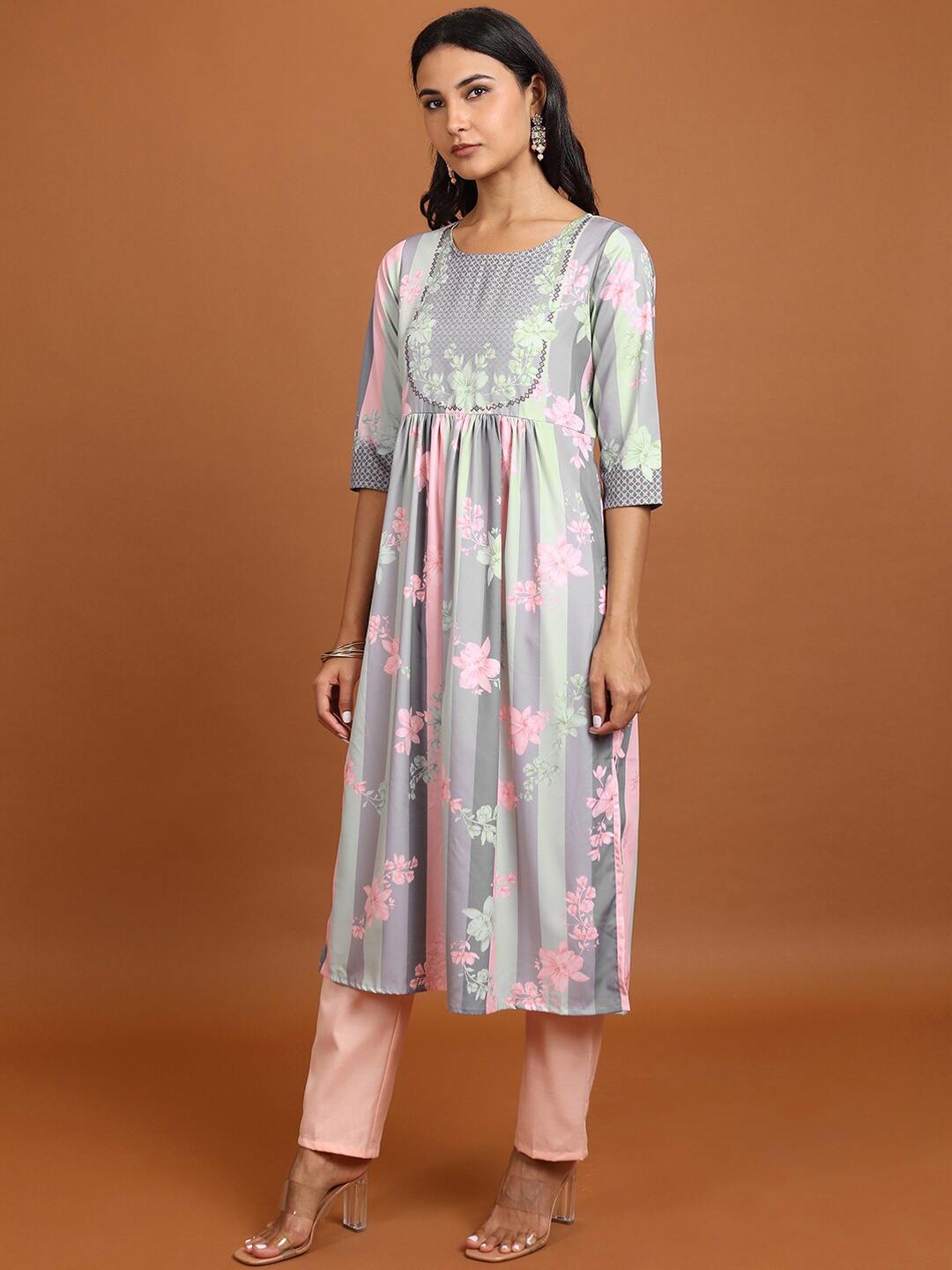 KETCH Floral Printed Round Neck A-Line Kurta