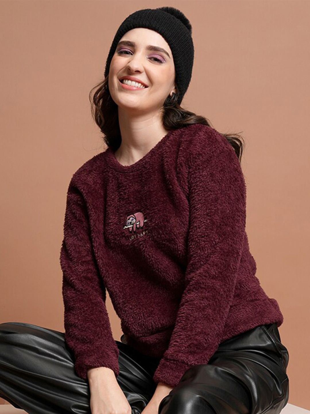 

Tokyo Talkies Maroon Self Design Pullover Sweatshirt