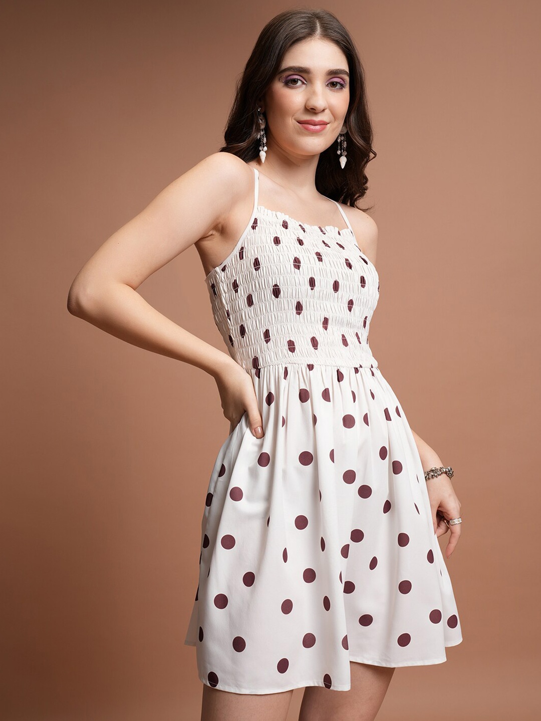 

Tokyo Talkies White & Brown Polka Dots Printed Smocked Fit & Flare Dress