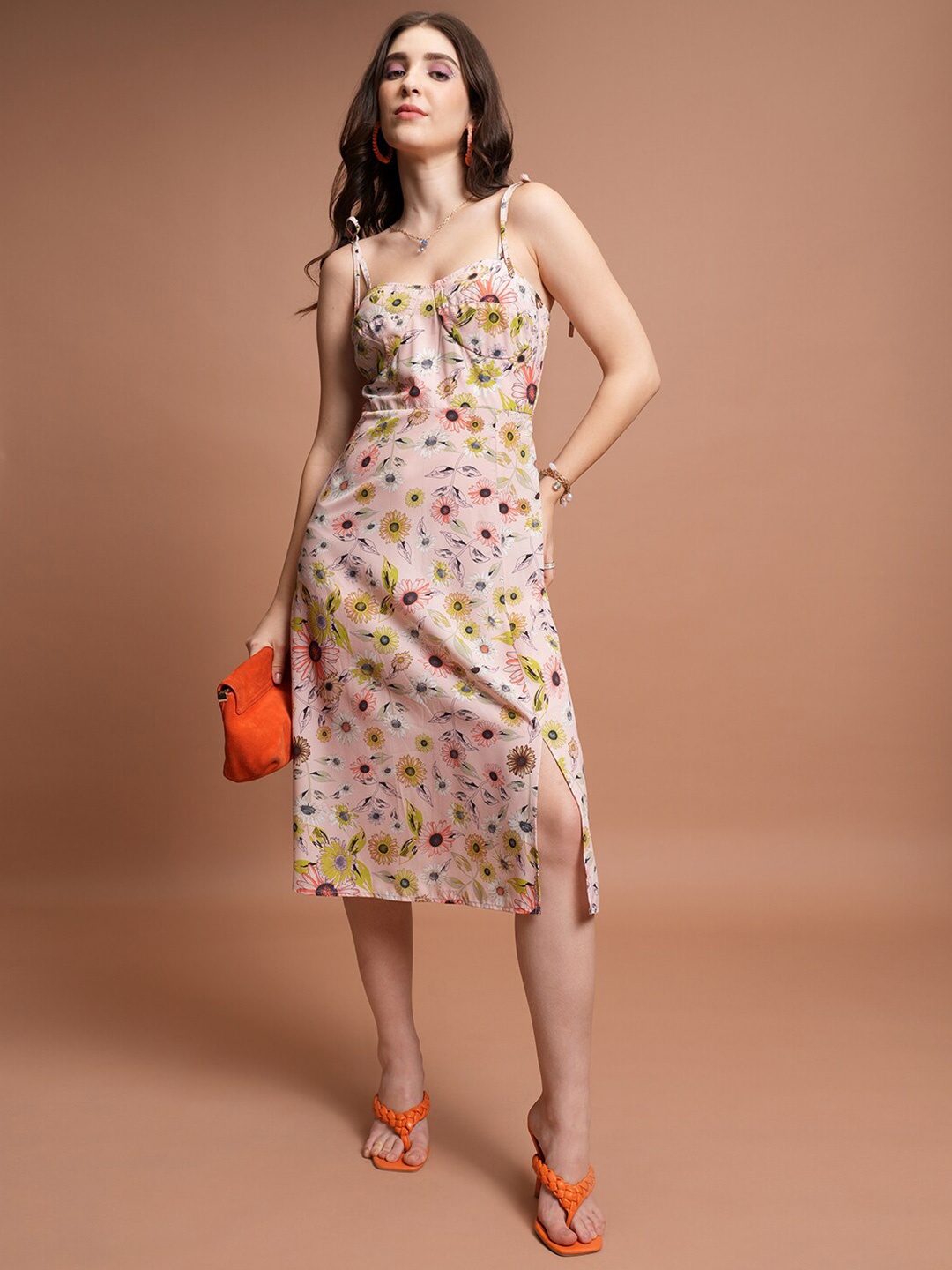 

Tokyo Talkies Peach-Coloured Floral Printed Shoulder Straps Fit & Flare Dress