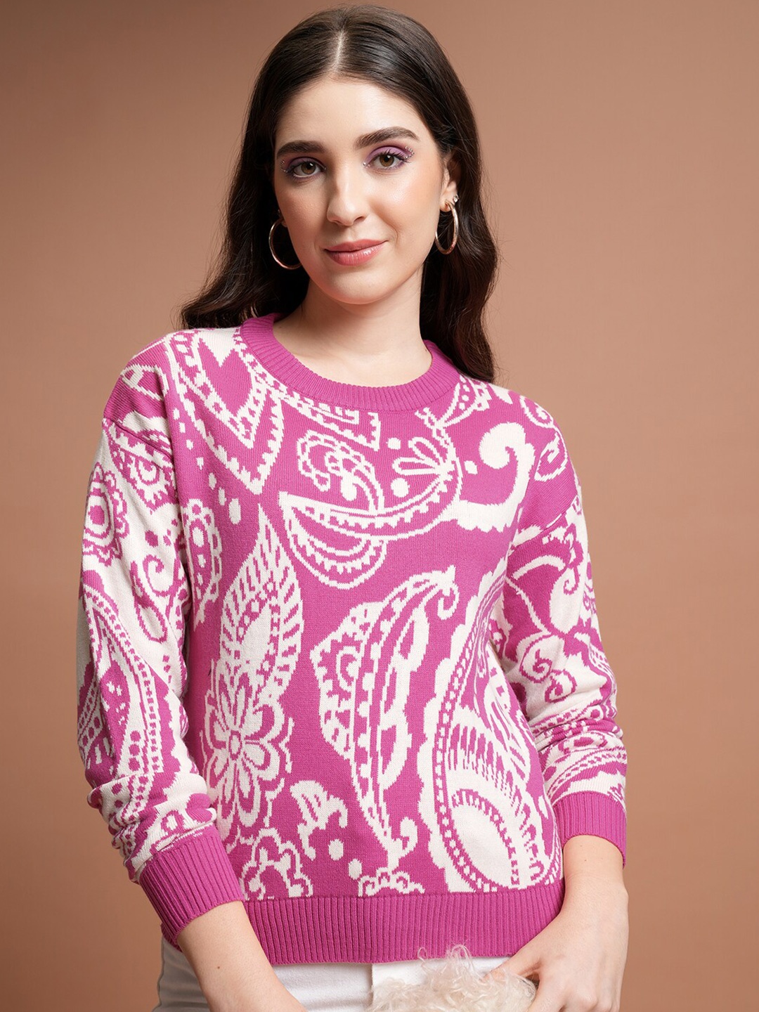 

Tokyo Talkies Pink Ethnic Motifs Self Design Acrylic Pullover