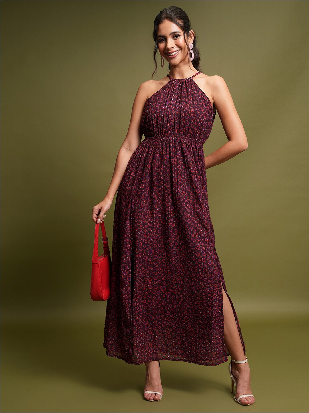 

Tokyo Talkies Red Floral Printed Halter Neck Gathered Maxi Dress