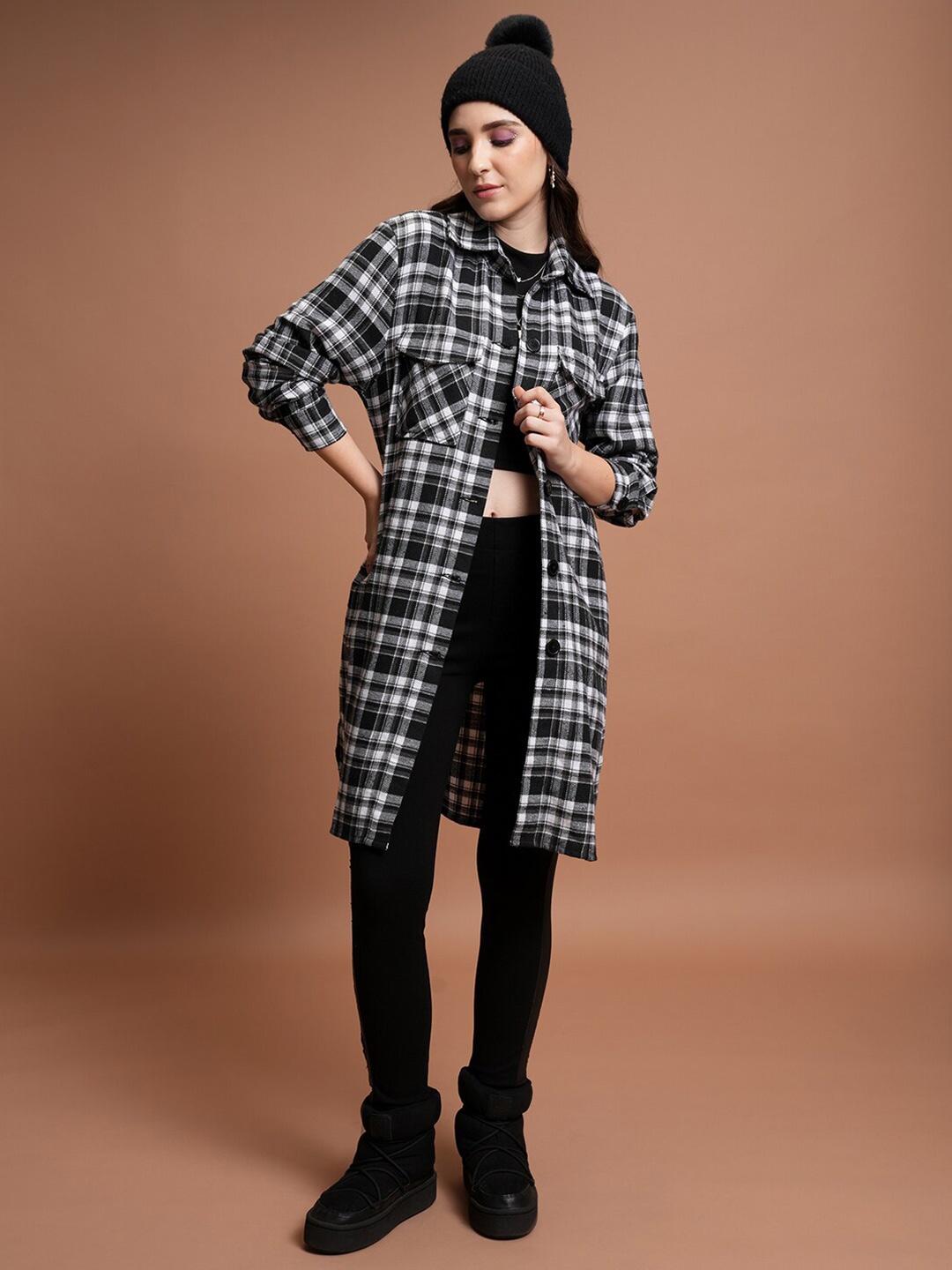 

Tokyo Talkies Tartan Checked Cotton Oversized Longline Flannel Checked Shirt, Black